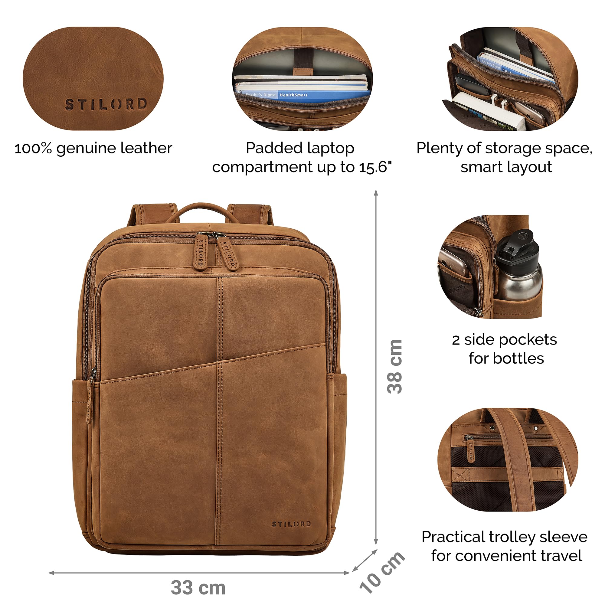 STILORD "Maurizio" Duży Męski Plecak Biznesowy ze Skóry Naturalnej na laptopa 15,6 cala Backpack do Pracy na Uczelnię z Uchwytem na Walizkę Elegancki Daypack Skórzany Kolor:tan-ciemny-brąz