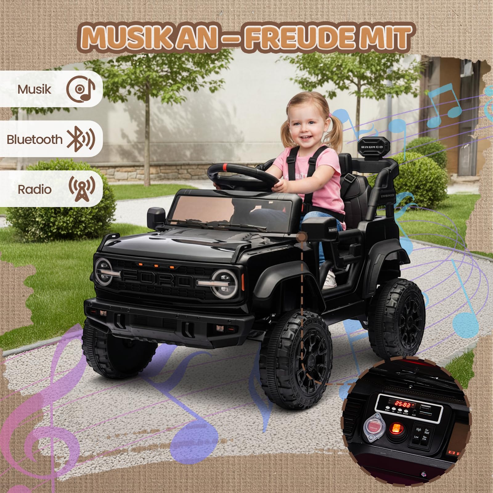 Bonnlo Ferngesteuertes Auto Ford Bronco Raptor, Elektrofahrzeug ab 3 Jahren, Kinder Elektroauto mit Fernbedienung, 2 x 25W Motoren, Zwei Fahrmodi, Auto Spielzeug, 1 Sitzer, Schwarz