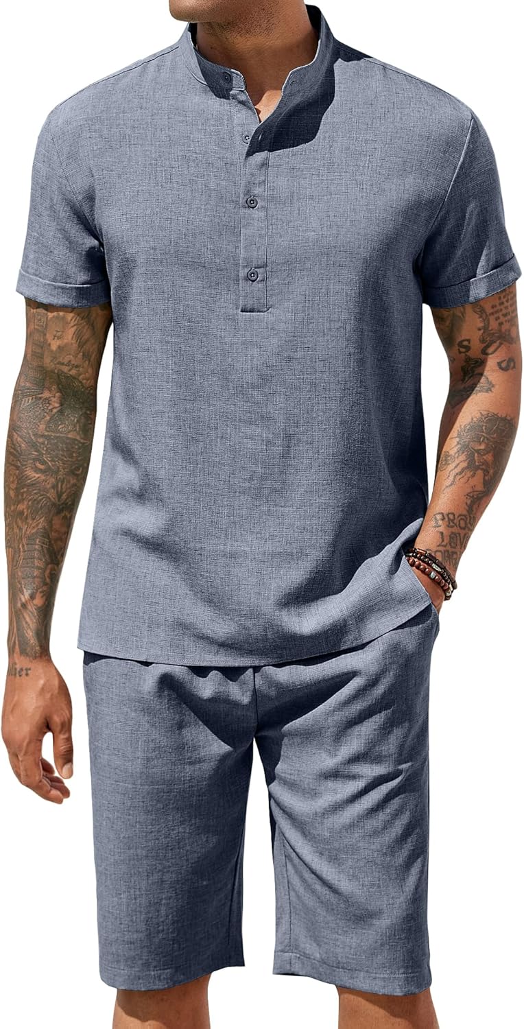 COOFANDY Men's 2 Pieces Set Short Sleeve Henley Shirts and Shorts Pants Texture Summer Beach Vacation Outfits