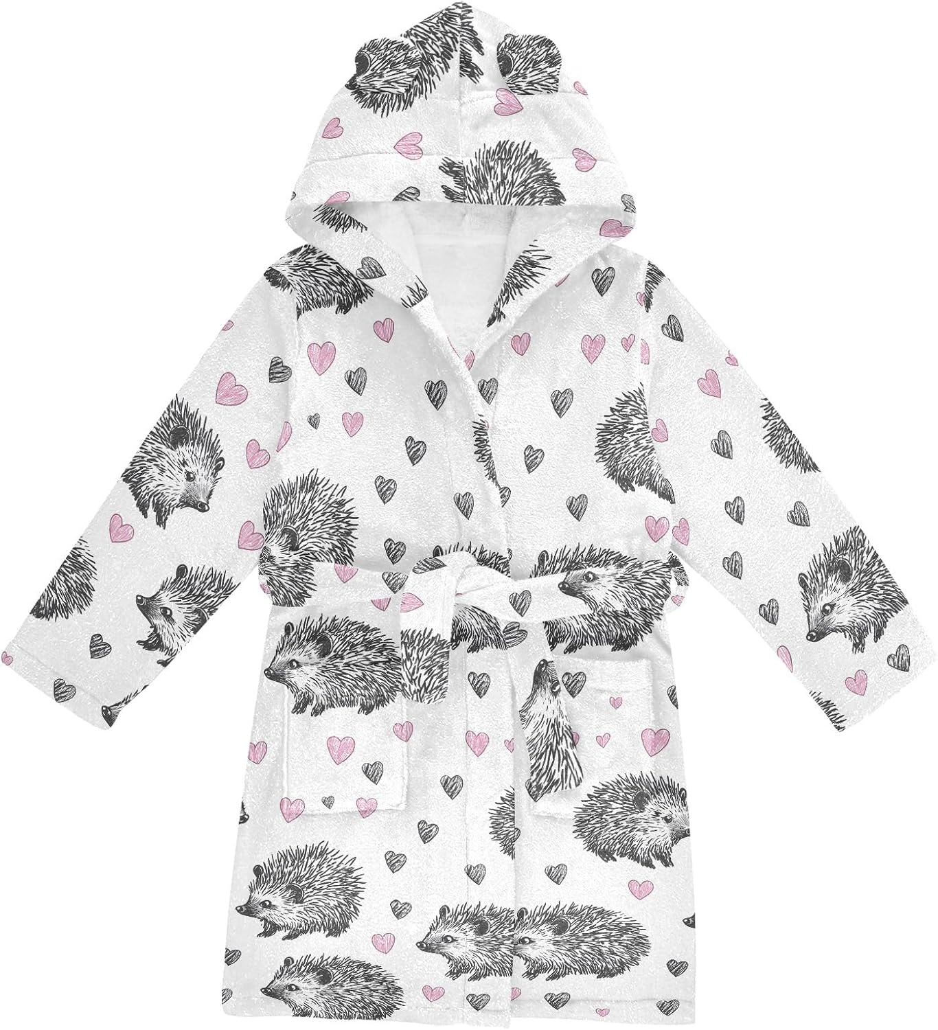 Hedgehog Heart Pattern Toddler Hooded Bathrobe for Boys Girls Soft Plush Bath Towel Robe 2-12 Years
