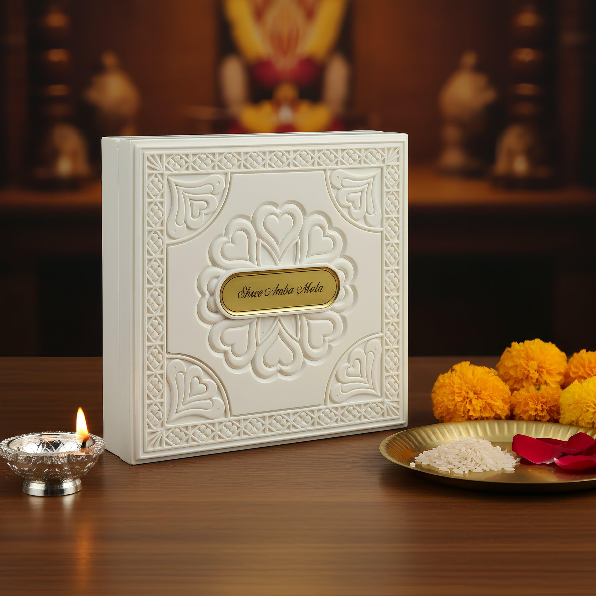 KABIR WORLD Ambe Maa Gold-Plated Charan Paduka Yantra Box – Ivory Embossed Religious Decor & Pooja Gift 2