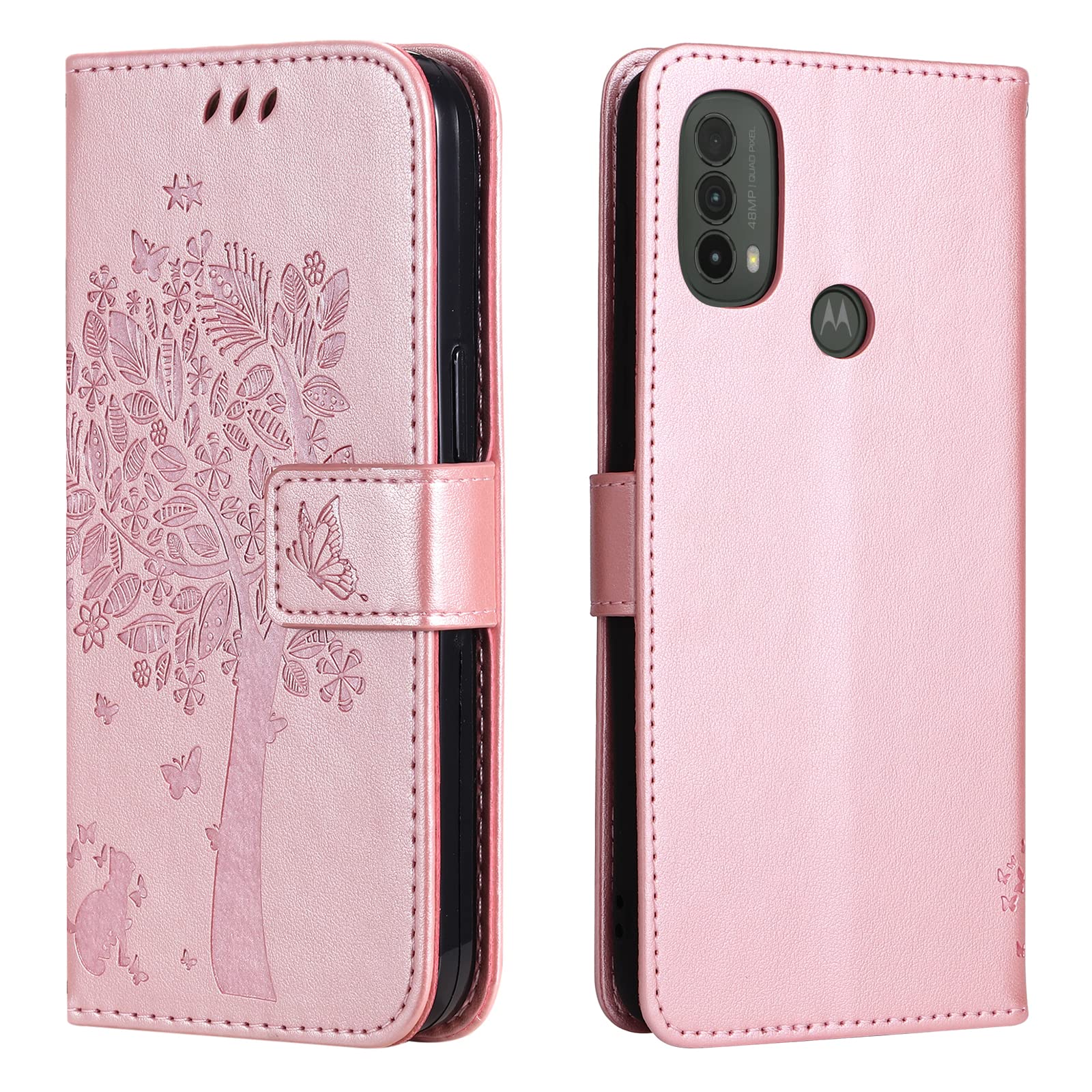 VEEMOS Mobile Case for Motorola Moto E20 / E30 / E40 Phone Case Wallet with Card Slots Cat-Tree Shockproof Leather Folio Slim Flip Case Cover Women Girls - Rose Gold