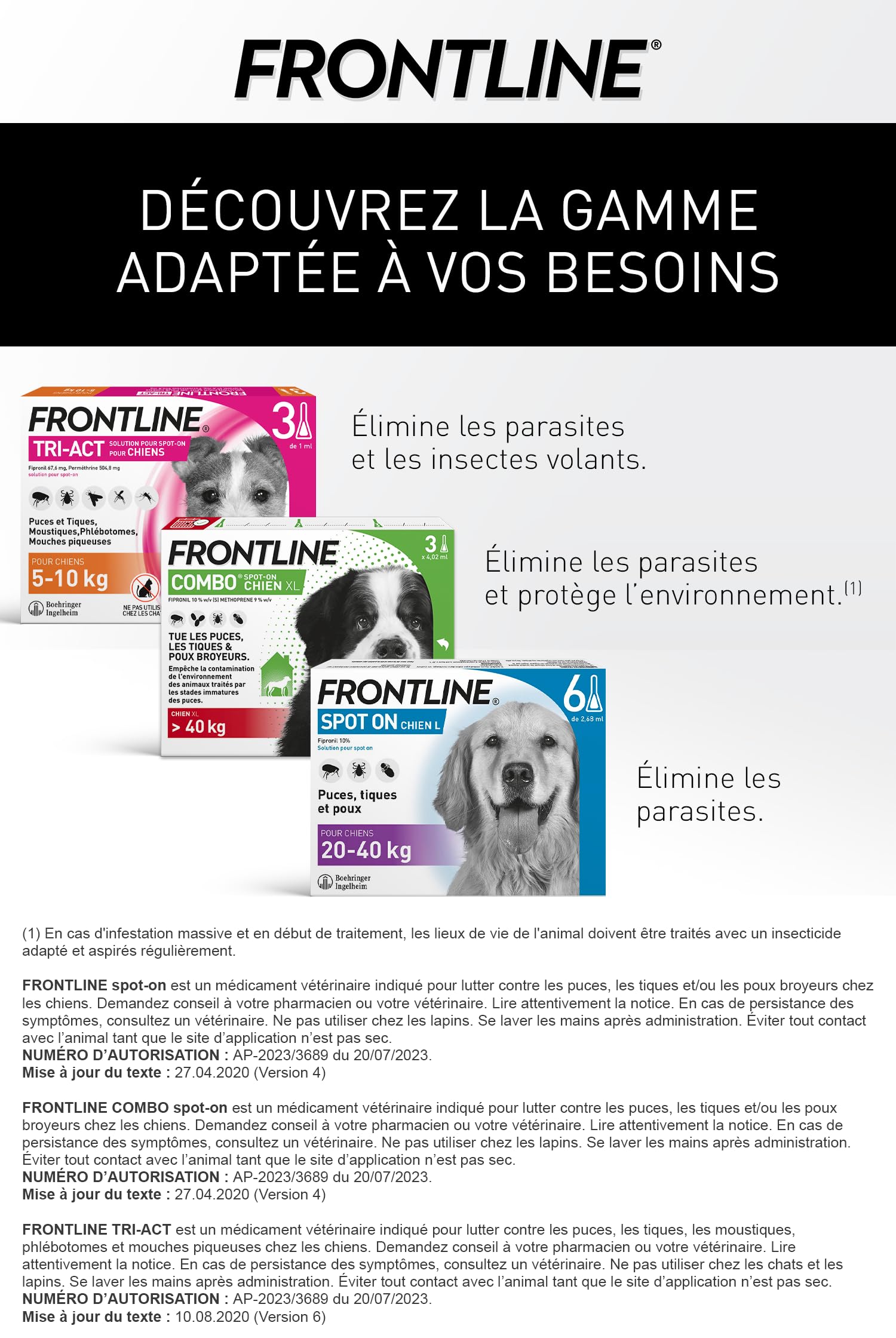 FRONTLINE Combo Chien - Anti Puces, Tiques, Poux broyeurs - Protège L'Habitat* - Élimine Puces Pendant 8 Semaines/Tiques Pendant 4 Semaines - Pour Chien 20 à 40 kg - 3 Pipettes Spot-On