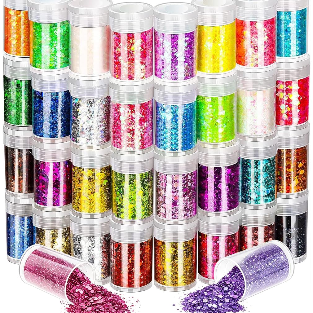 32 Chunky Glitter, Extra Chunky Glitter Powder, Craft Glitter for Soap Paint, Card & Jewellery Making, Nail Polish, Epoxy Resin, Candle Making, Bath Bombs, Slime, Crafts Decoration in Christmas Party