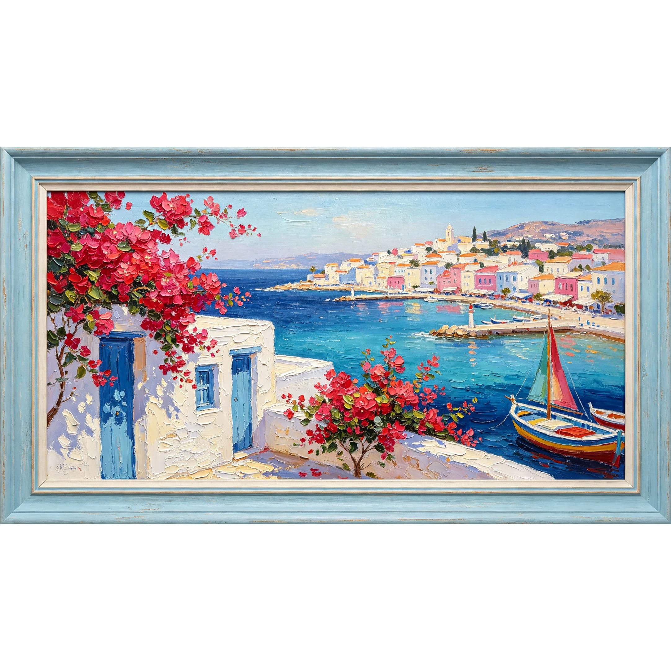 QZLITHOTIC 50x90cm3D Framed Wall Art， Coastal Seaside Village Oil Painting Sailboat Ocean View Self‑Adhesive Mural， Water‑Activated Peel & Stick Fabric Decor Wall Decal for Bedroom Living Room