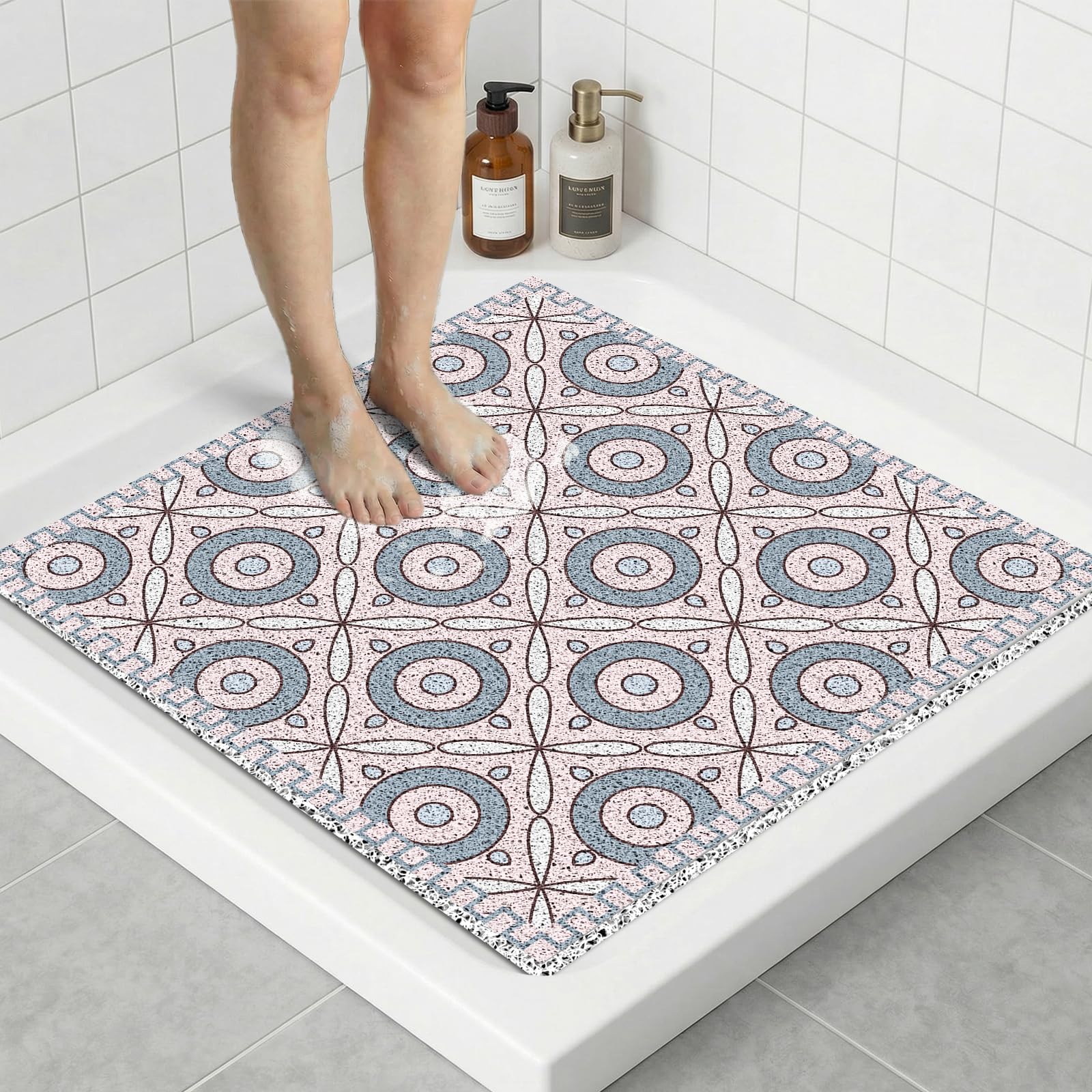 Square Loofah Shower Mat Non Slip 70x70 CM, Anti Mould Quick Drying PVC Mat for Inside Shower & Wet Room, Anti Slip for Elderly & Adults, Textured, Shower Mats for Inside Shower, Pink Circles