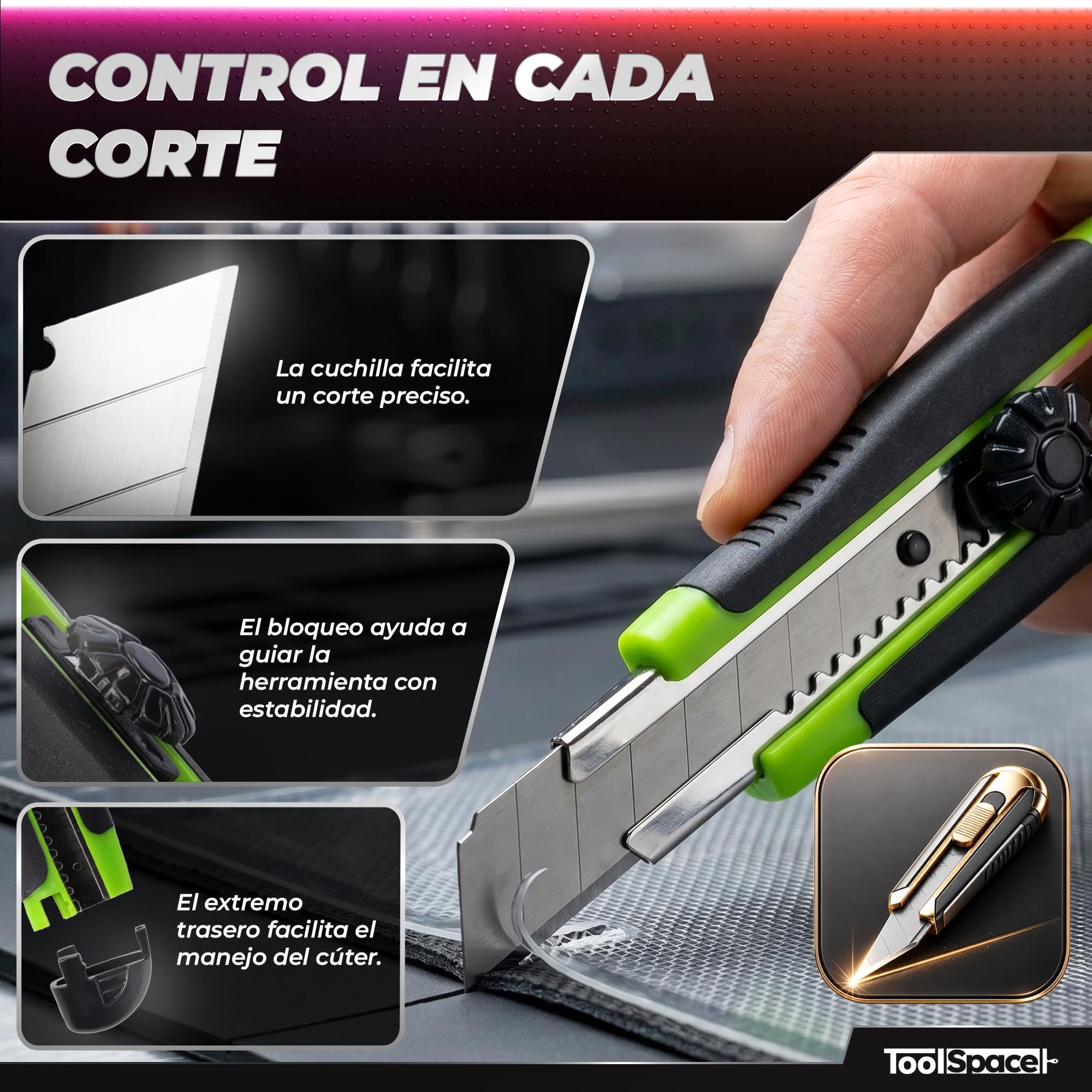 ToolSpace 12x Cúter Profesional 18 mm Con 22x Cuchillas SK5 Cuchilla Segmentada Mango Antideslizante Guía Metálica Cortador Para Cartón Papel Pintado Moqueta Plástico Bricolaje Taller Obra Pro Robusto