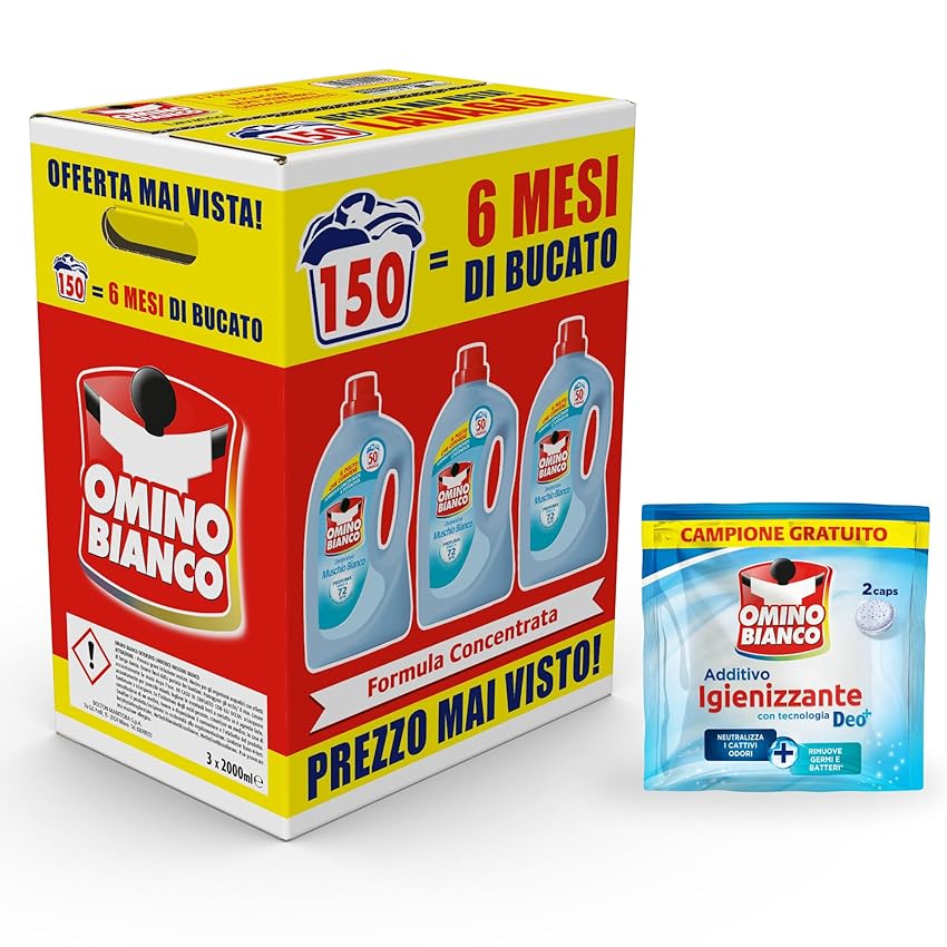 Omino Bianco - Detersivo Lavatrice Liquido, 150 Lavaggi, Rispetta Colori e Tessuti, Fresco Profumo con Essenza di Muschio Bianco, 2000 ml x 3 + Campione di Additivo Lavatrice Igienizzante Idrocaps