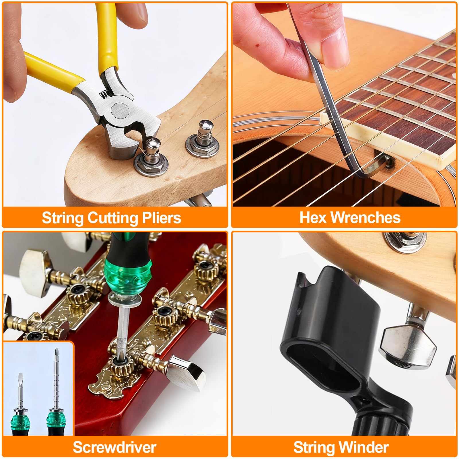 Kit de 132 outils d'entretien de guitare, kit d'outils de réparation de guitare avec sac de transport, accessoires de nettoyage pour ukulélé, basse, mandoline, banjo, cadeau parfait pour les amateurs