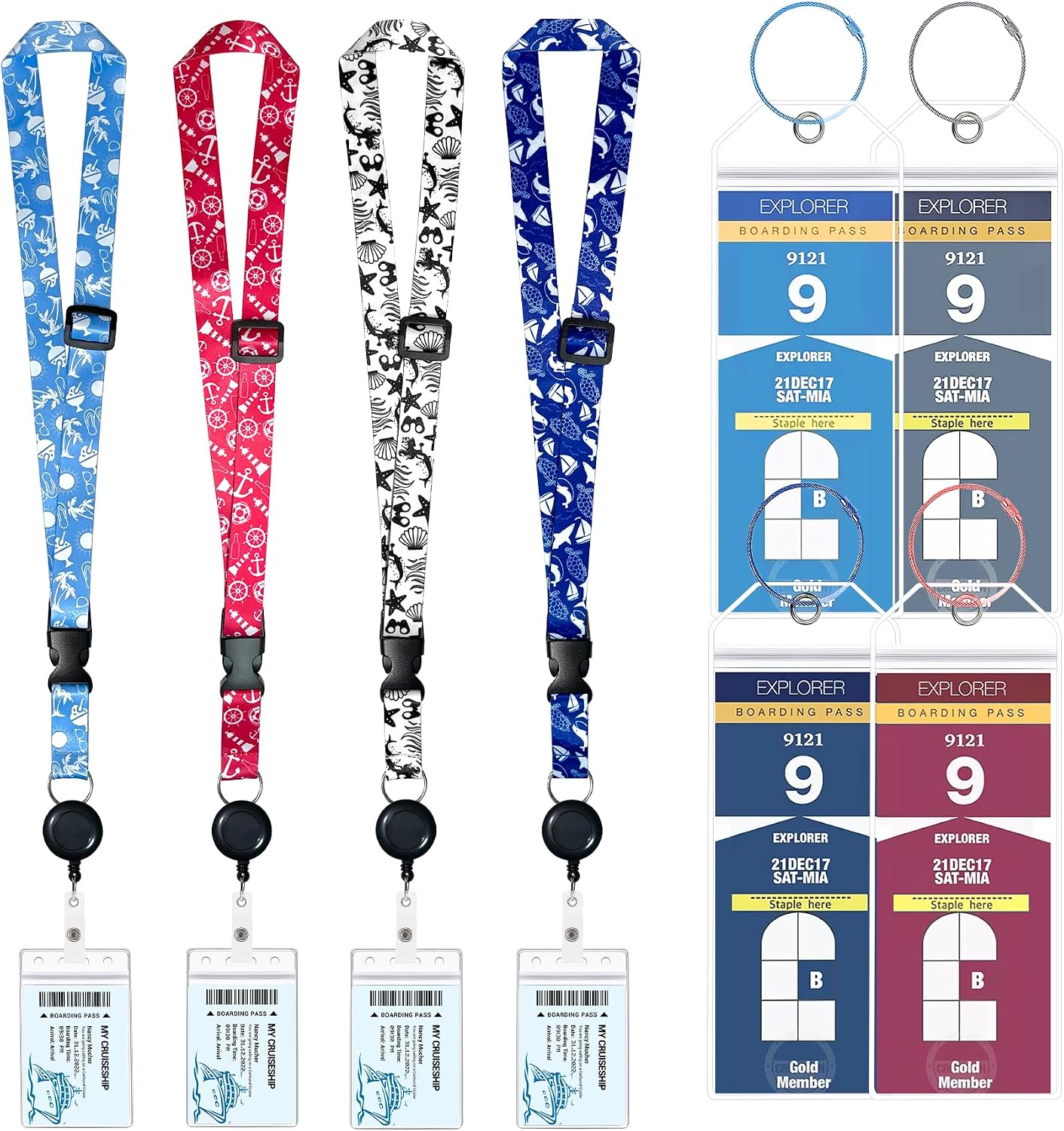 Cruise Lanyards, 4 Pack Retractable Cruise Lanyard for Cruise Ship Cards with Waterproof ID Holders, Luggage Tags and Holders Carnival Cruise Lanyard Cruise Essentials for All Cruises