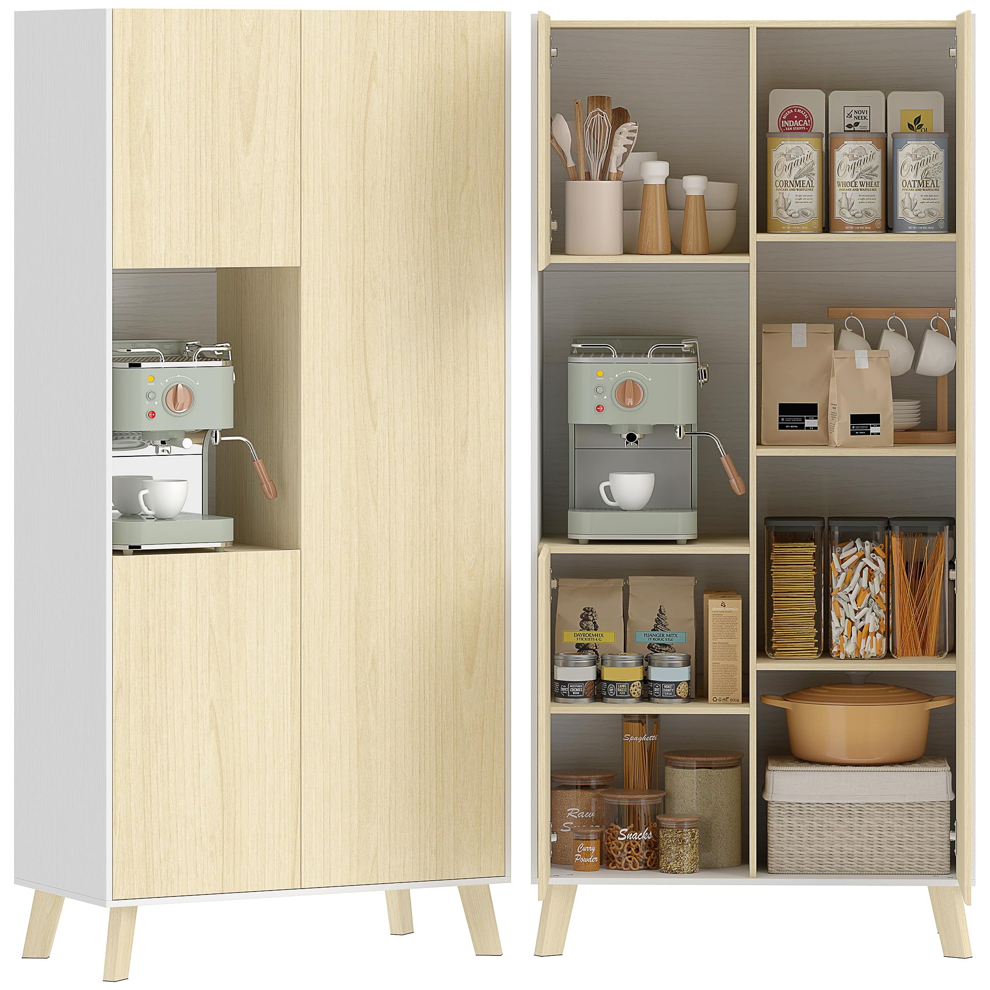 HOMCOM Küchenschrank 170 cm Hoher Buffetschrank mit offenem Fach, 3 Türen, Hochschrank mit verstellbaren Einlegeböden, Moderner Vorratsschrank für Küche, Wohnzimmer, Esszimmer, Natur, 80x40x170 cm