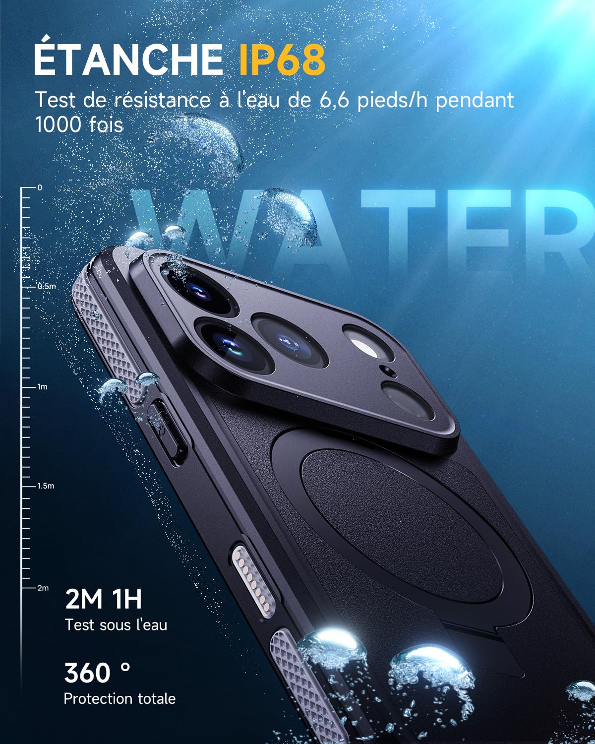 Lanhiem Coque pour iPhone 17 Pro Étanche avec Anneau Support [IP68 Imperméable] 360 Indestructible Antichoc Integral Antipoussière Anti-Neige Waterproof Etui avec Renforcée Protection écran,Noir