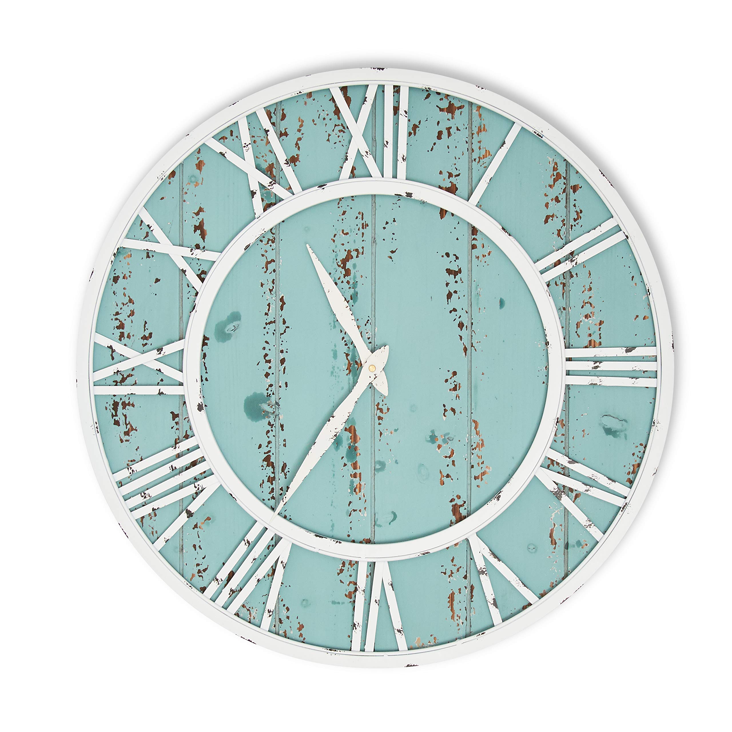 Coastal Shiplap Wall Clock - 24 Inch - White Metal Frame - Roman Numerals - Beach Kitchen - Colorful Decorative Clock - Rustic - Silent Ticking -