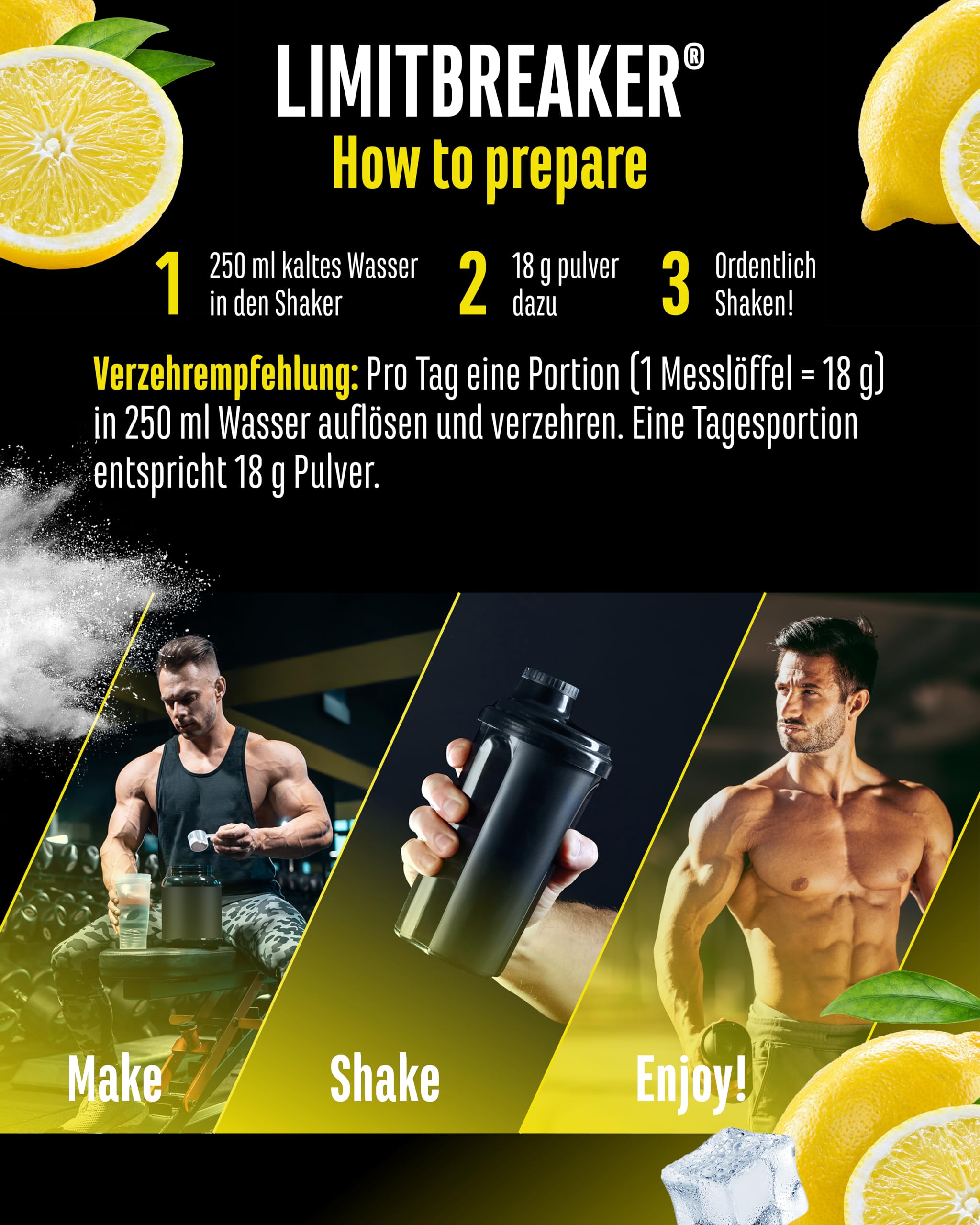 GEN GERMAN ELITE NUTRITION LIMITBREAKER® Pre Workout Booster - 360 g | 300 mg Koffein, mit L-Citrullin, AAKG, Beta Alanin & L-Theanin, hochdisiert, 20 Portionen, Saurer Zitronen Geschmack