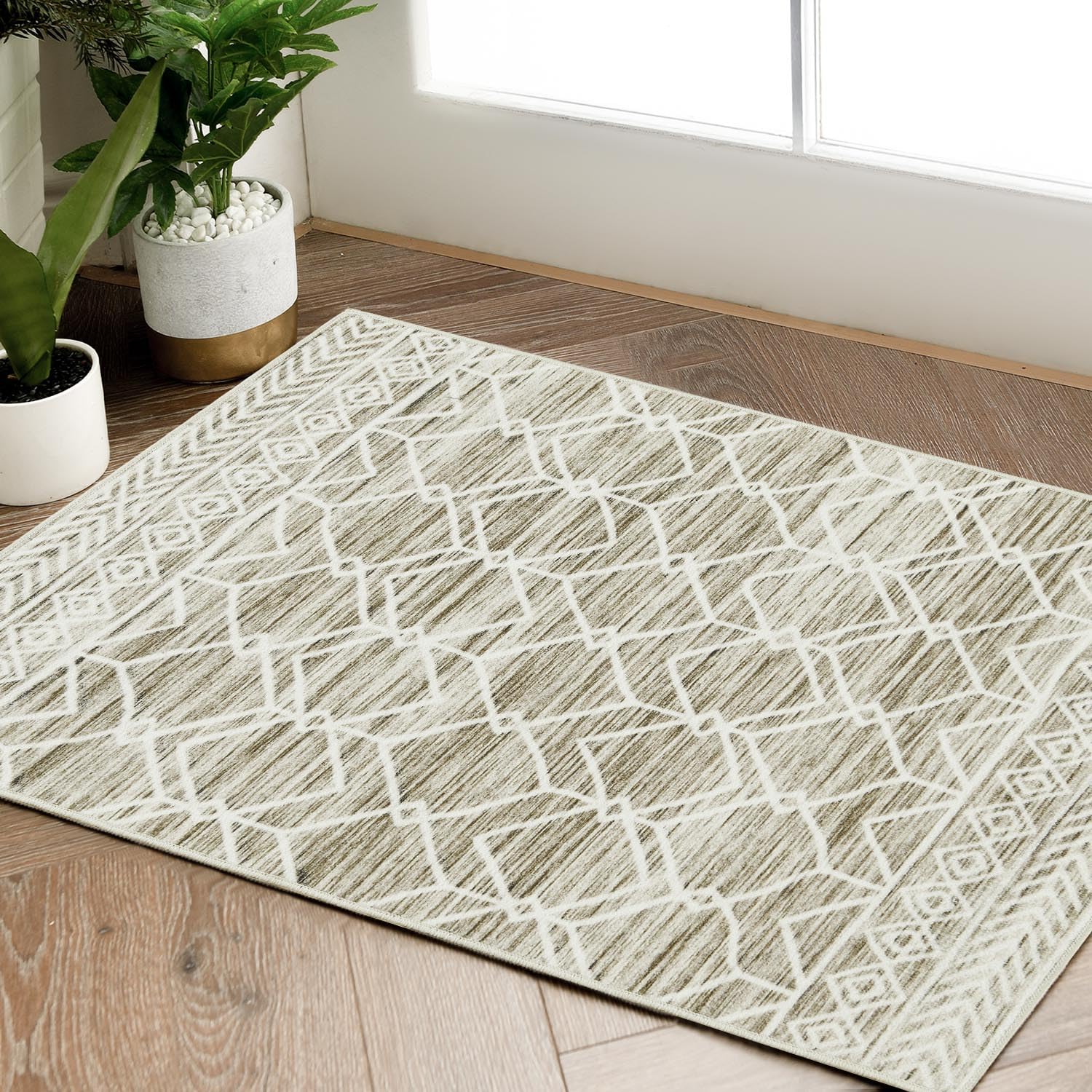 jinchan Moroccan 2x3 Rug for Entryway - Machine Washable Rug Modern Geometric Kitchen Soft Faux Wool Non-Slip Indoor Doormat Ultra-Thin Carpet for