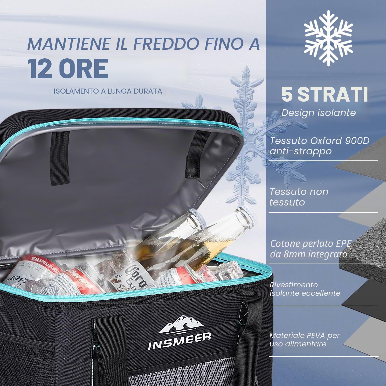 INSMEER Grande borsa frigo da 40 l, 60 lattine, pieghevole, con coperchio rigido in EVA per bevande, borsa termica per bevande, borsa termica per 4 persone, campeggio, spiaggia, viaggi