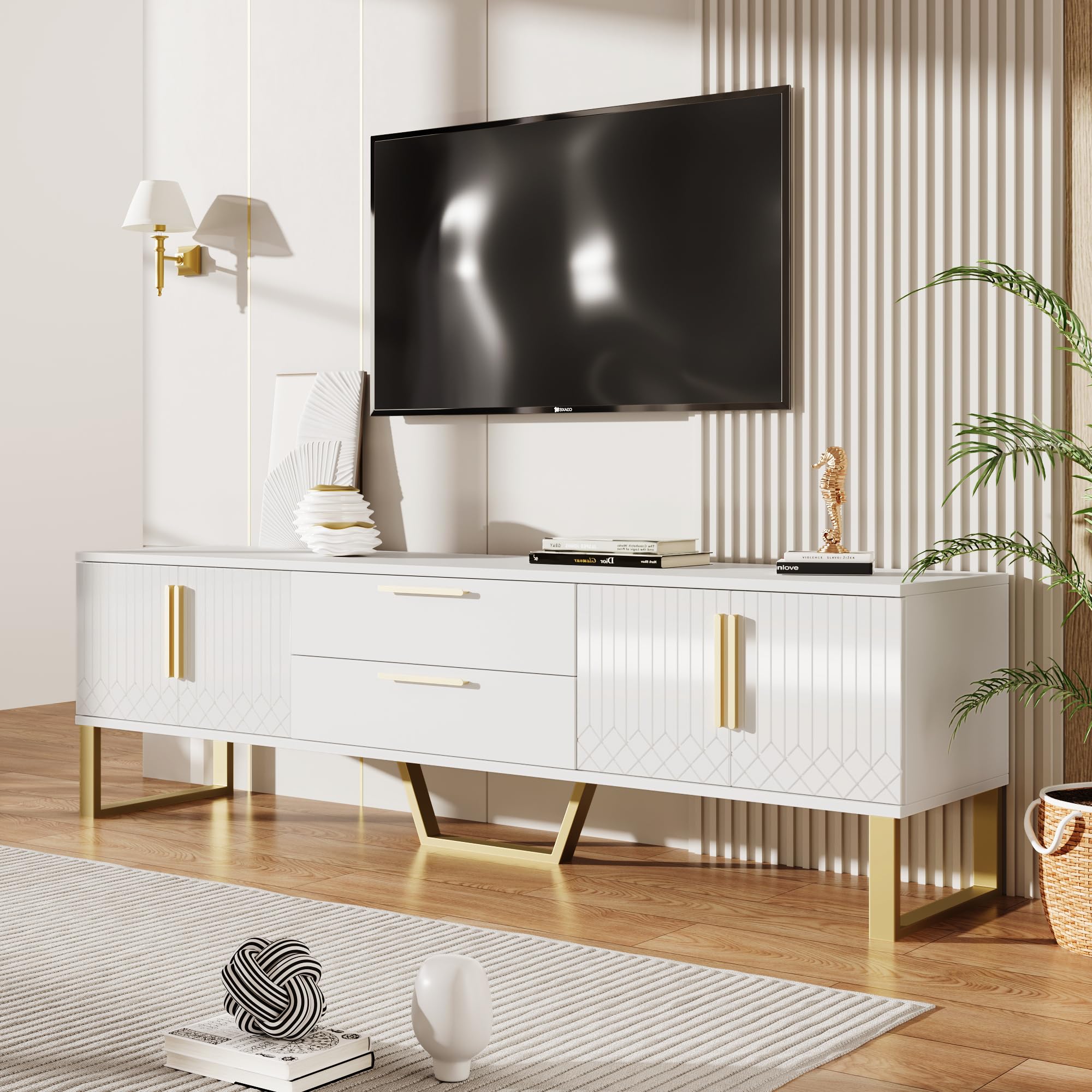 Mueble de TV de alto brillo: suelo, asas y patas doradas, solución de almacenamiento para el salón, combinación perfecta de elegancia, lujo y funcionalidad, 170 x 40 x 53 cm (blanco+dorado)