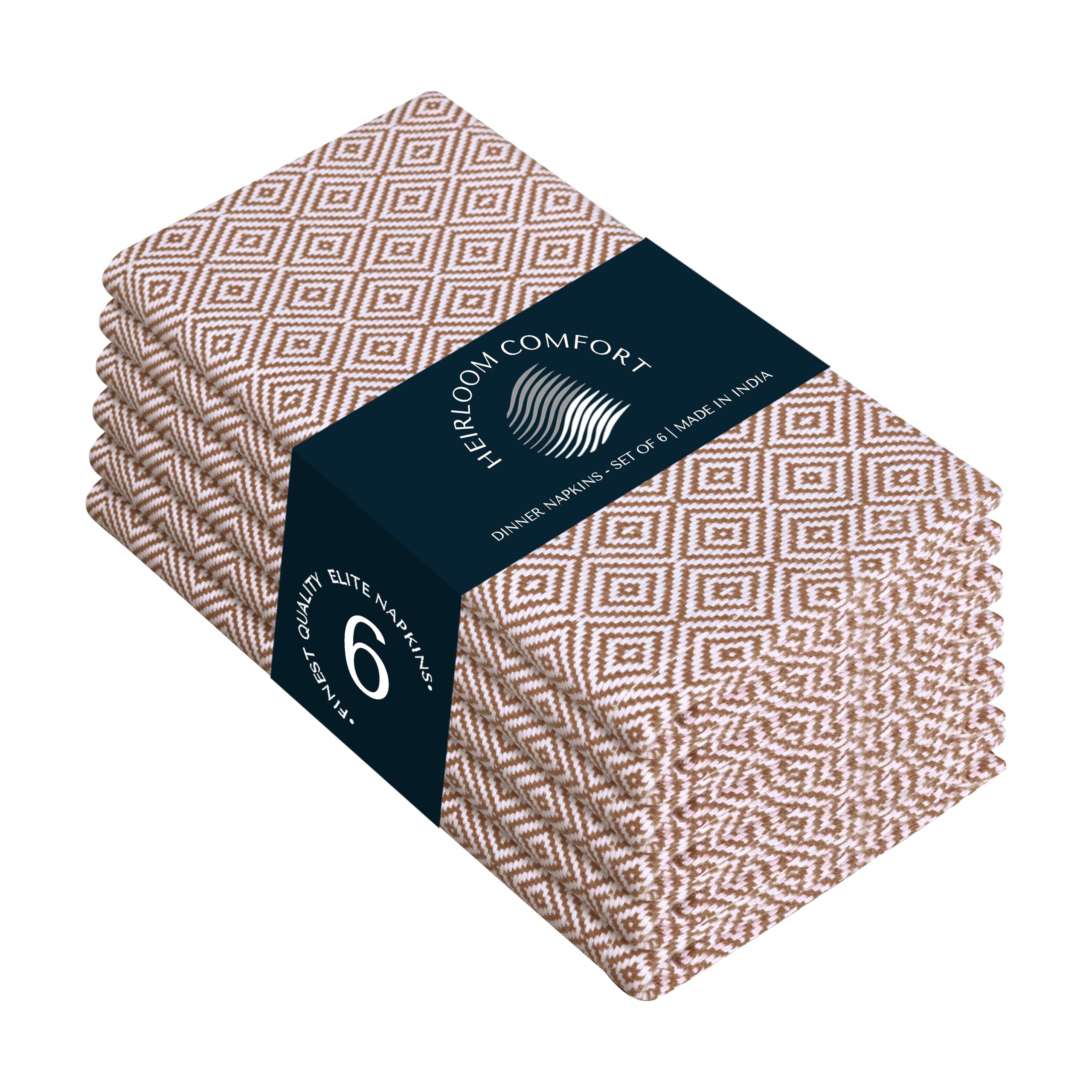 HEIRLOOM COMFORT Brown Cloth Napkins Set of 6, Diamond Pattern Weave, 40x40 cm, 100% Cotton, Durable & Washable Fabric Table Linen for Dinner, Rustic Dining, Everyday Meals & Festive Occassions