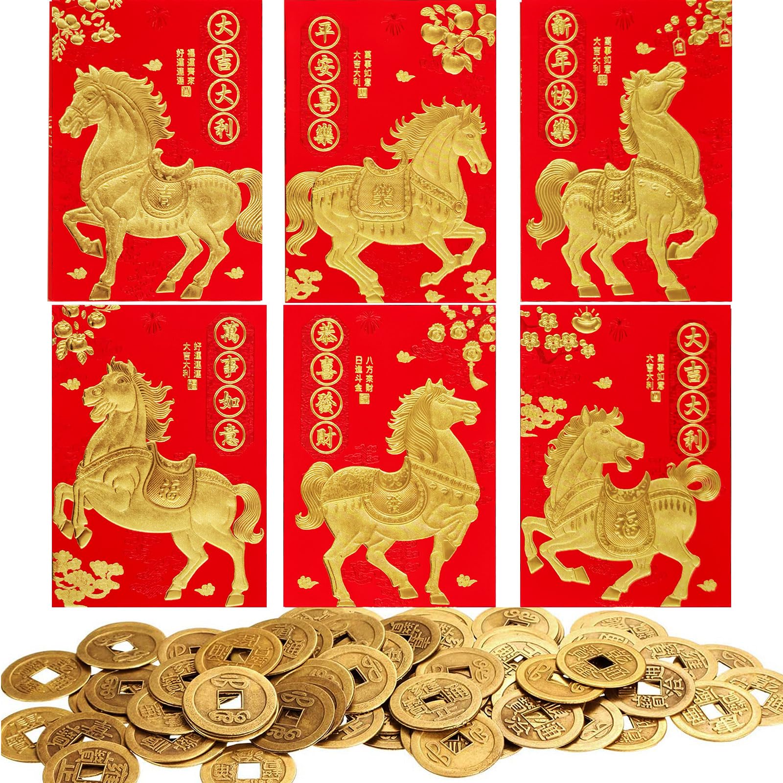 ELLZK 36 Pcs Chinese Red Envelopes Lucky Money Envelopes 2026 Chinese New Year Horse Year Envelope Small and 50 Pieces Chinese Feng Shui Coins Good Luck Fortune Coin I-Ching Coin for Health and Wealth