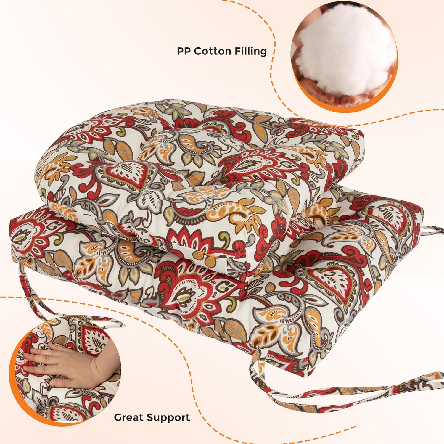 Magpie Fabrics Outdoor Rocking Chair Cushion Set, Tufted Pad for Rocking Chairs with Ties, Seat 17" x 17"/Back 21" x 17", Botanical Red