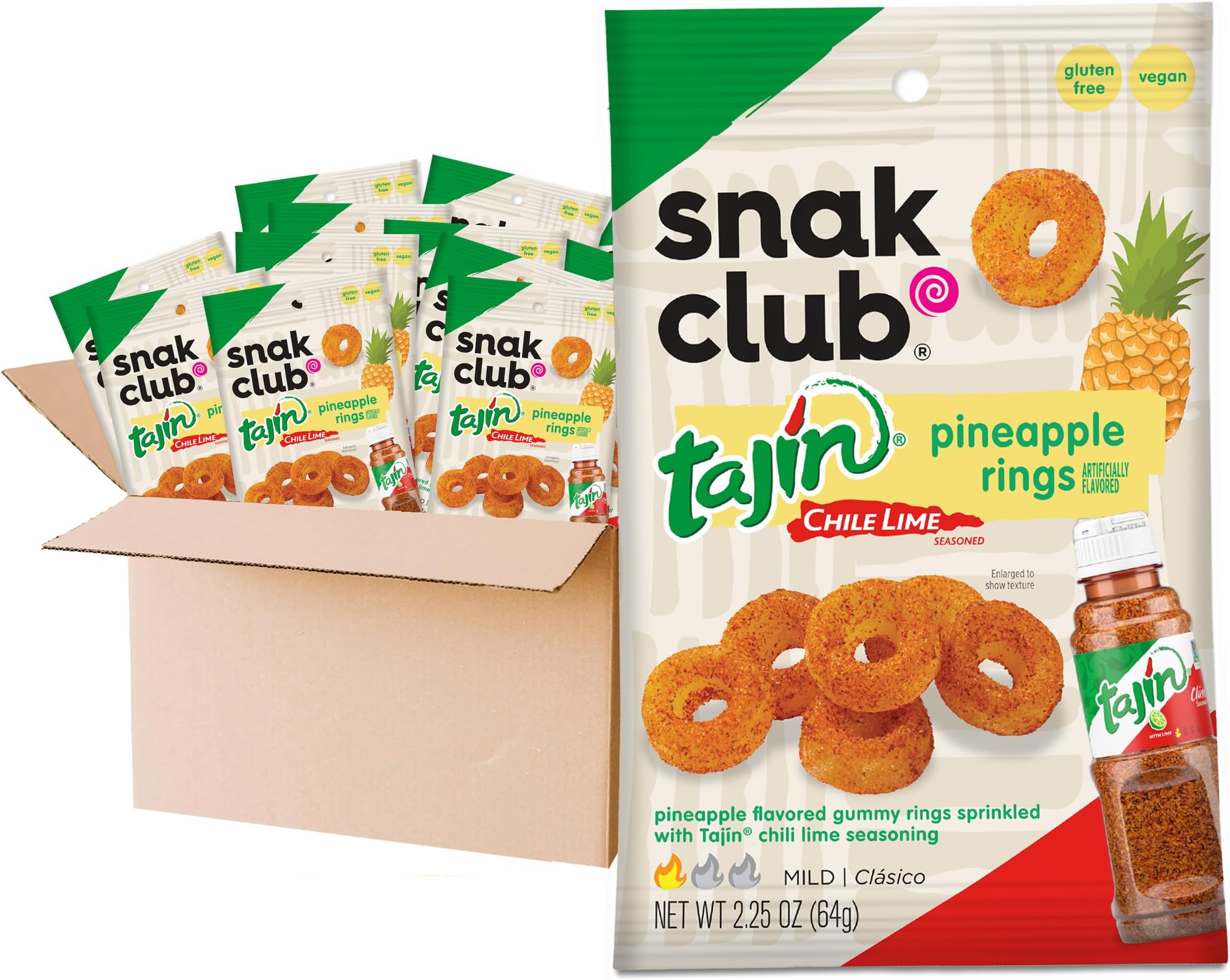 Snak Club Pineapple Rings, Tajin Chili & Lime Seasoned, Sweet and Spicy Gummy Candy, Mild in Heat Bold in Flavor, Low-Fat, Vegan, Gluten-Free Snack, Snack Size, 2.25 Ounce, 12 Count