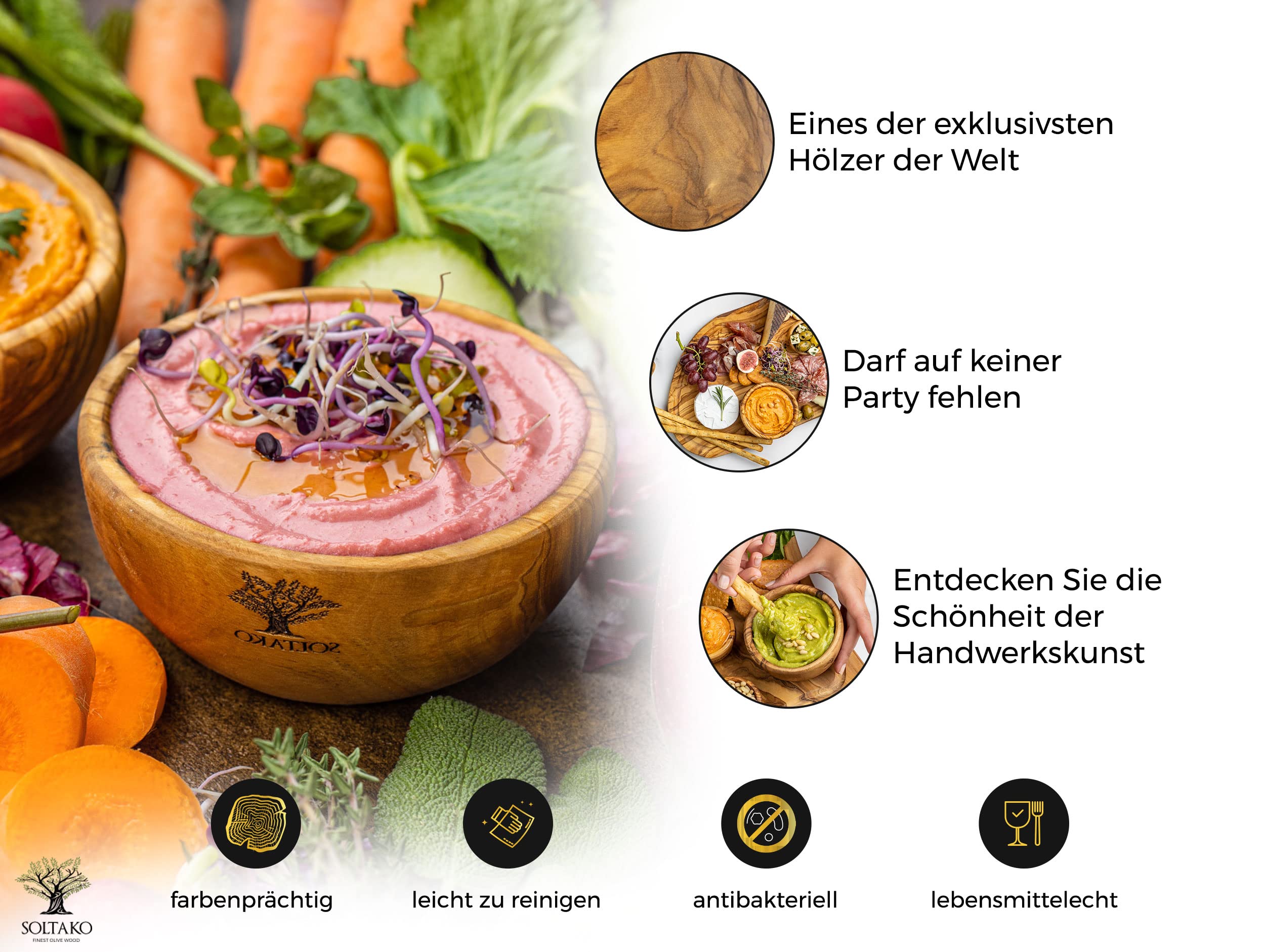 SOLTAKO Olivenholz Servierschalen 2er Set The Hummus Lover 10 cm