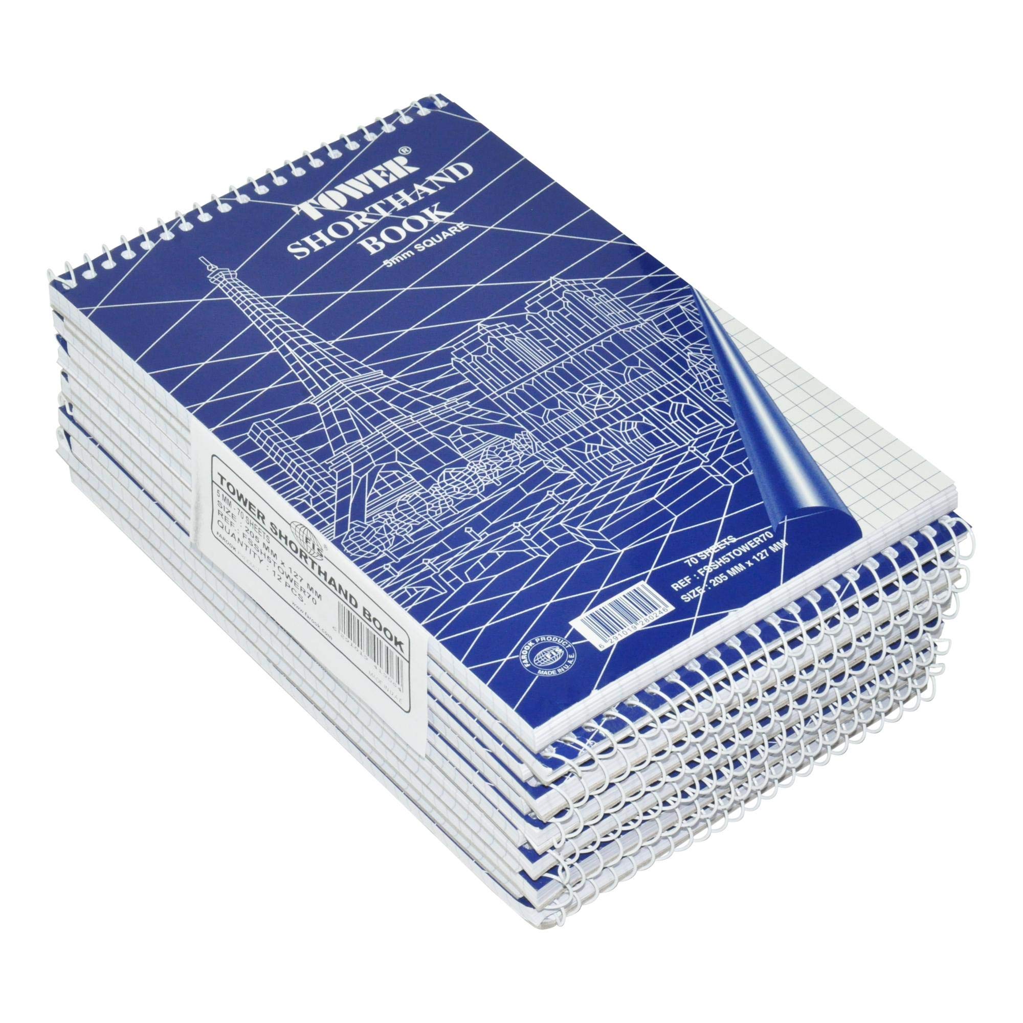 FIS Tower Shorthand Book, Top Spiral Binding, Size 205x127mm, 70 Sheets Per Pad, 5mm Square Gridlines Ruling, Packet of 12 Pieces Pad-FSSH5TOWER70