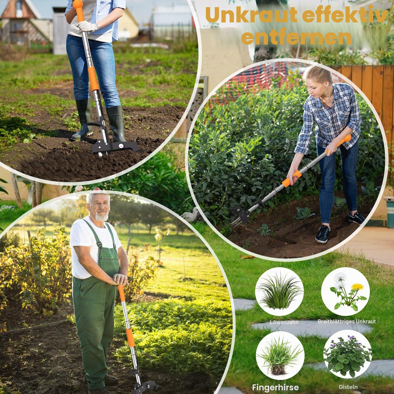 Unkrautstecher, Stand-Up Unkrautentferner mit Stiel, Unkrautzieher mit 4 Krallen, Gartenjäterwerkzeug mit Ergonomischem 99cm Langem Griff, Robustes Gartenwerkzeug-Werkzeug ohne Bücken oder Knien