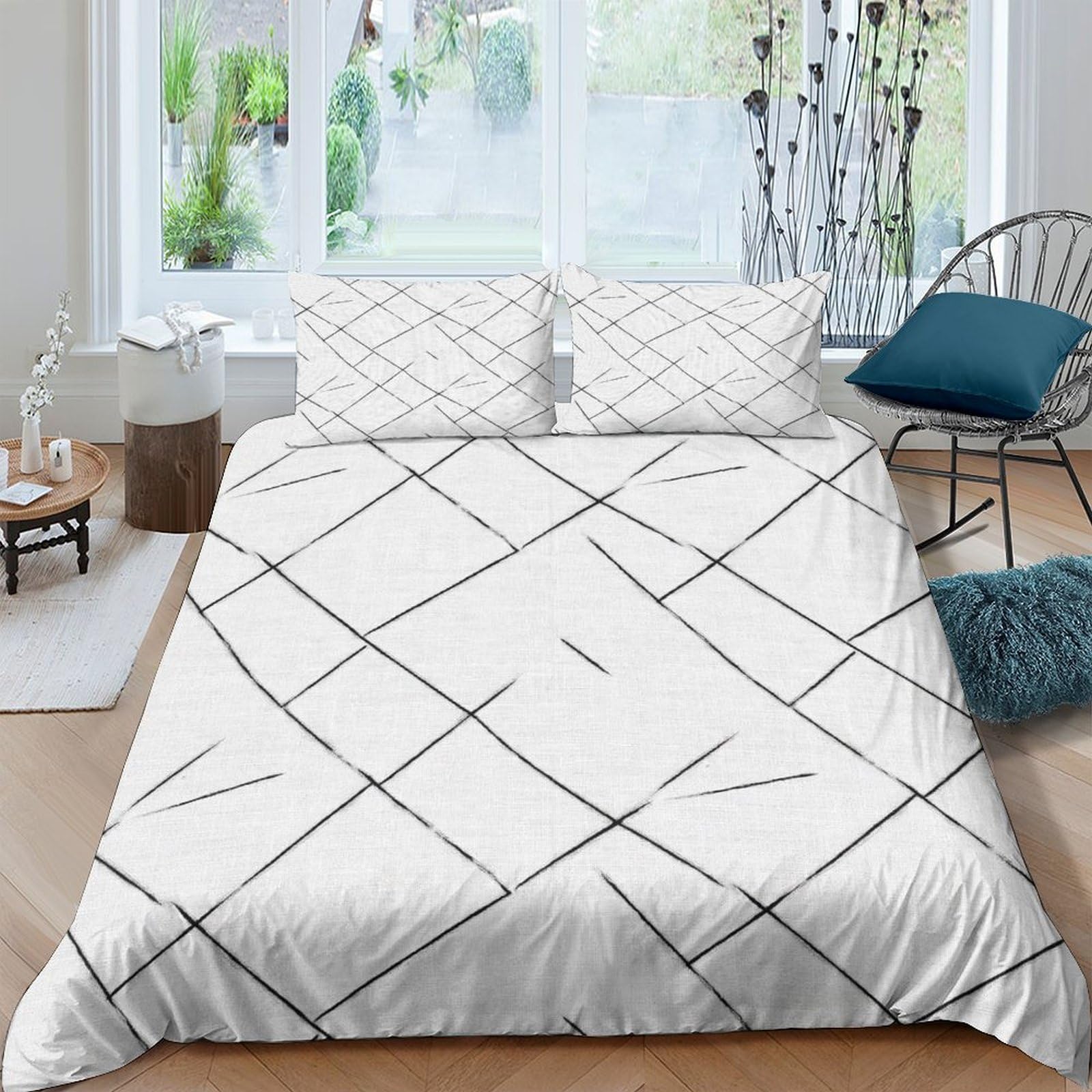 GPLZQXKJNH 3D Printed Geometric Lines Duvet Cover Set Microfiber Soft Breathable Grid Bedding Set with 2 Pillowcases for Bedroom Decor Single（135x200cm）