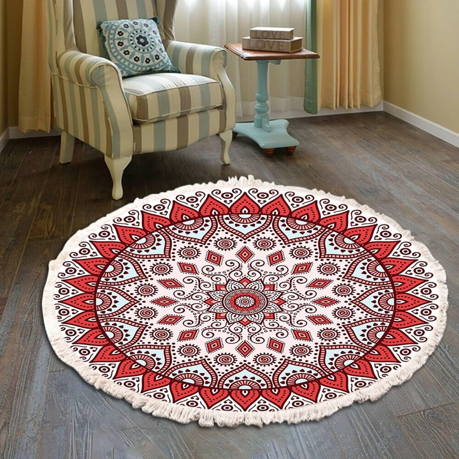 Tapis Rond Doux 100cm, Tapis Rouge Motif Floral Mandala avec Pompon Polyester pour Salon et Chambre Décoratif