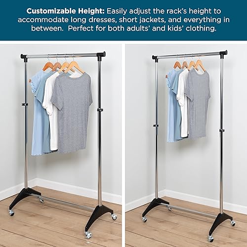 Miniatura 5 de Honey-Can-Do Adjustable Standard Rod Clothing Garment Rack, Rolling Clothes Organizer on Wheels for Hanging Clothes, Chrome