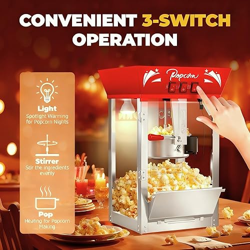 Miniatura 5 de Máquina comercial de palomitas de maíz, hervidor de 12 onzas, 850 W, máquina de palomitas de maíz de cine, máquina de maíz de mesa roja con control