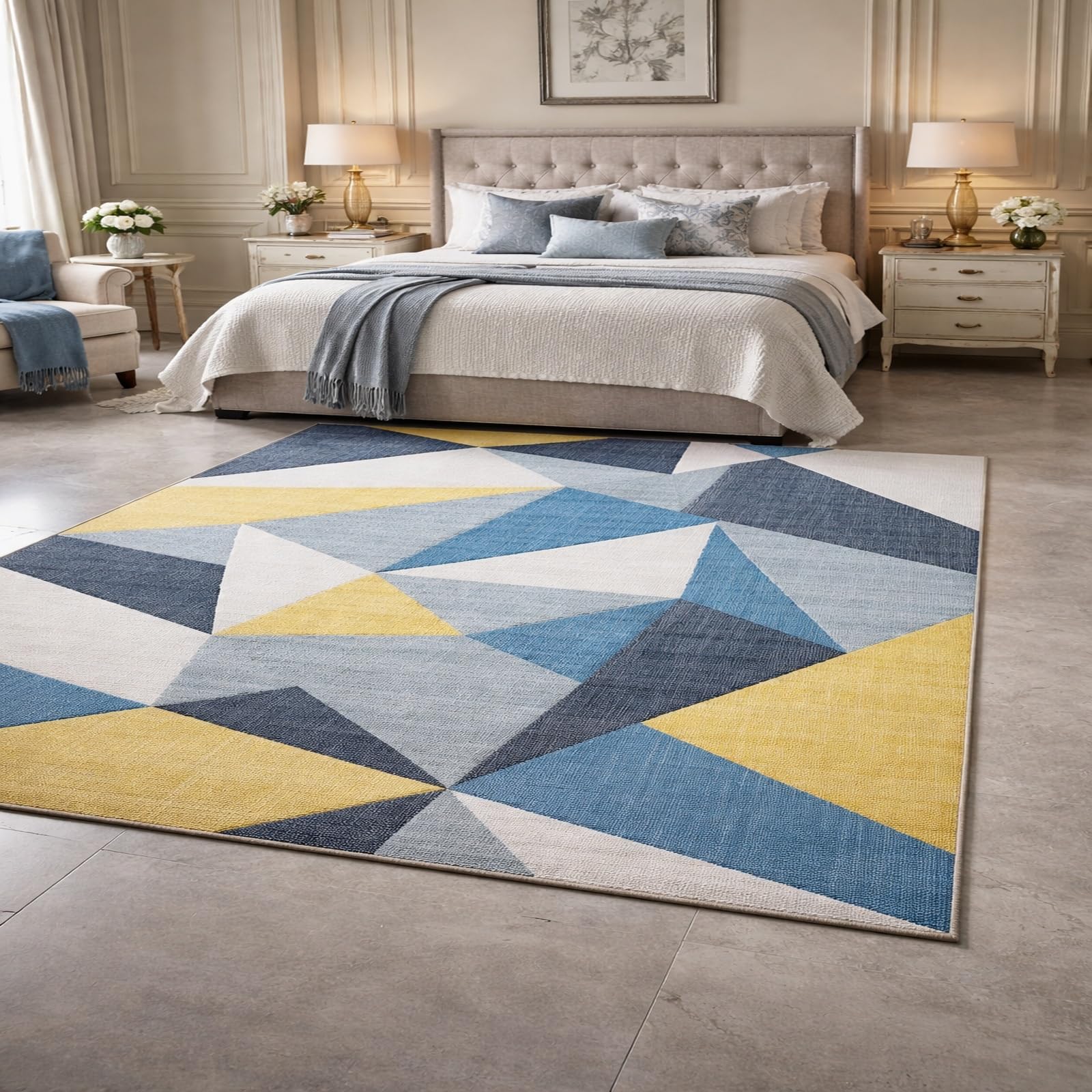 Tapis salon 200x280 cm moderne jaune et bleu à poils courts pour chambre