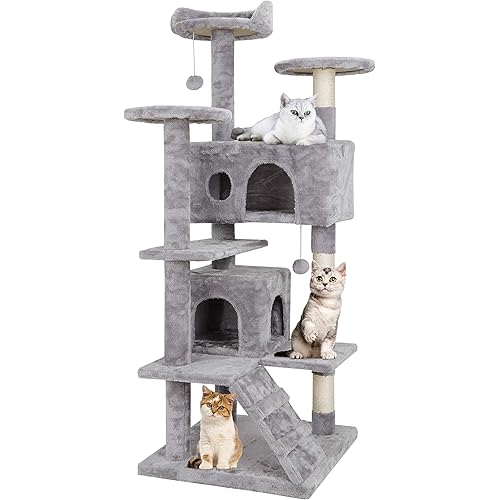 ZENY 54 inches Cat Tree with Sisal-Covered Scratching Posts and 2 Plush Rooms Cat Furniture for Kittens (Light Gray)