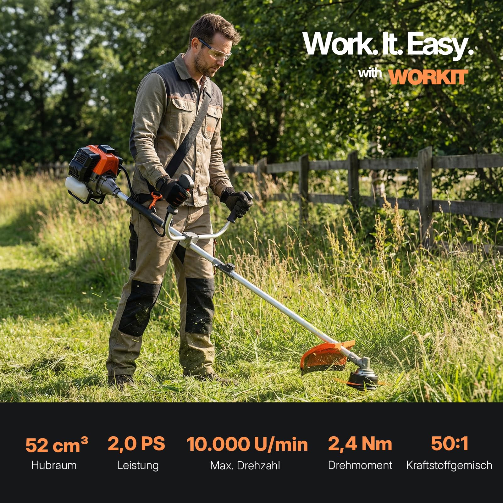 WORKIT Podkaszarka spalinowa 52 cm³, 2 KM, 3 w 1, benzynowa, w zestawie szczotka do chwastów i nóż 40T, szerokość cięcia 46 cm, do zarośli i dużych powierzchni, profesjonalne narzędzie ogrodowe