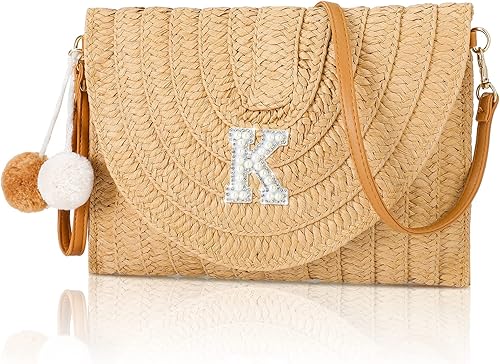 Bolsas con iniciales para mujer, bolsa de hombro de paja para playa, bolso de verano para regalo de cumpleaños, despedida de soltera