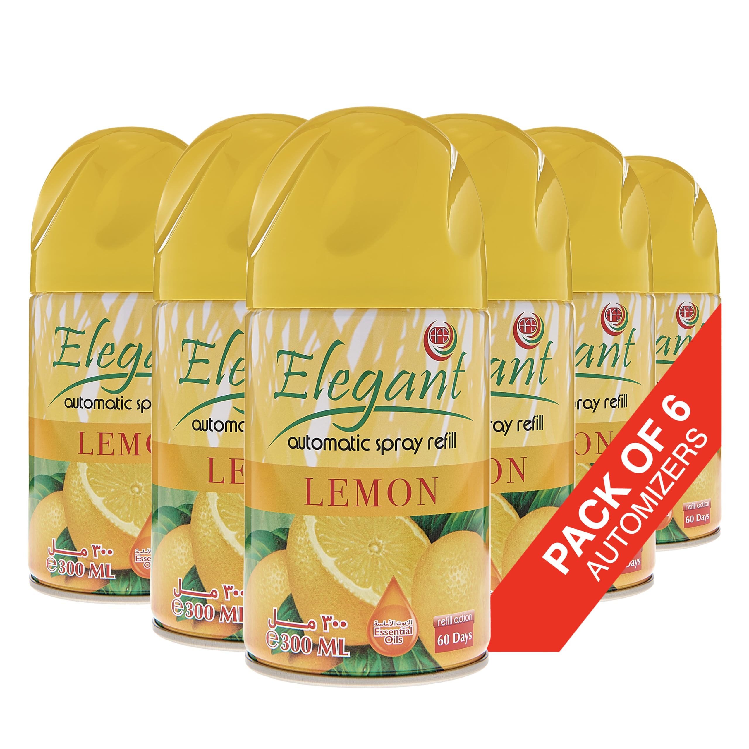 Elegant Automatic Spray REFILL – Lemon – 300ML – Pack of 6, 6-Pack (300ML x 6 Pcs) – Air Freshener REFILL for Home And Bathroom, Made With ESSENTIAL OILS (Pack of 6)
