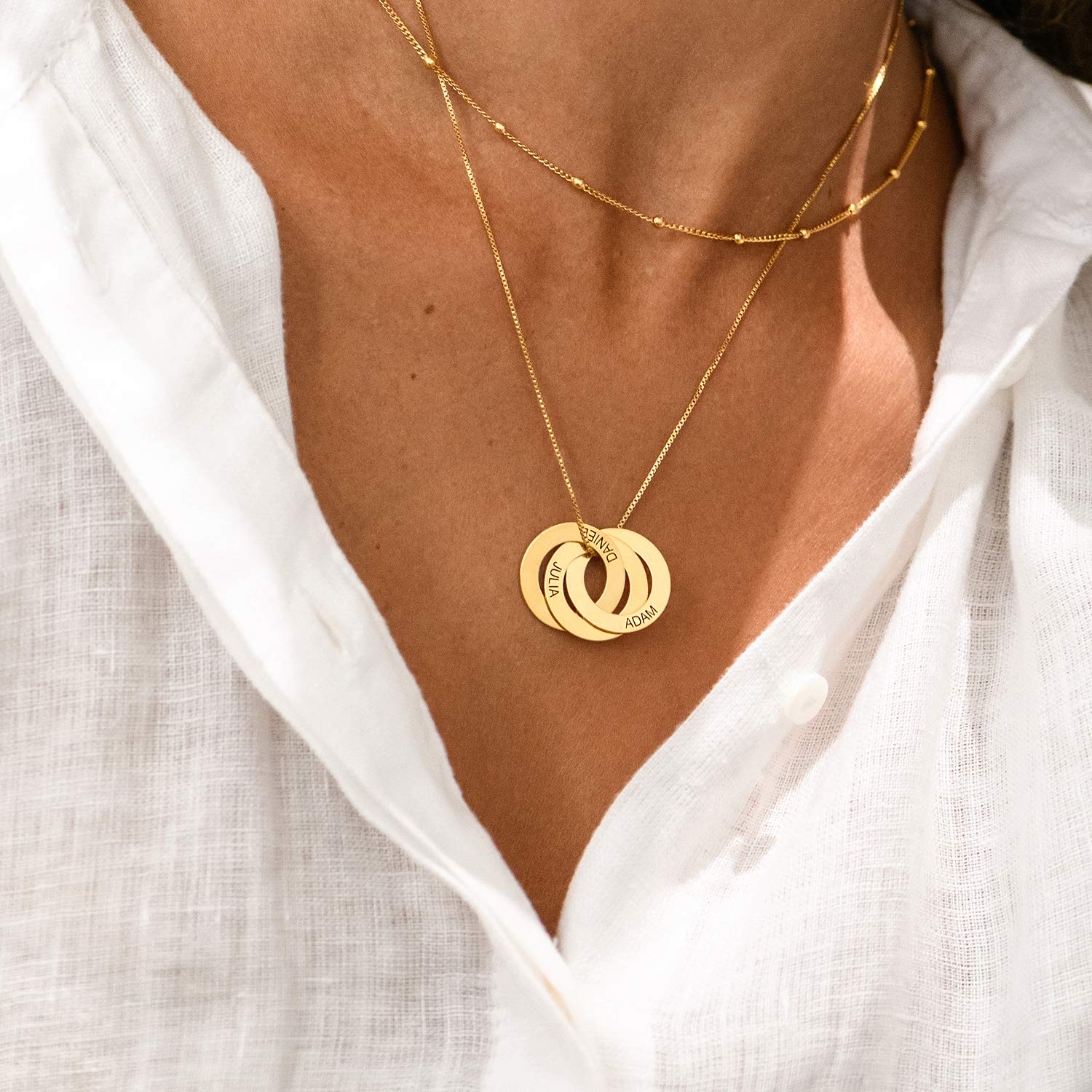 MyNameNecklace Personalisiert Russische Ring Halskette mit Gravur auf zwei Ringen in 750er vergoldetes 925er Silber - Weihnachten Graviert Name Schmuck Geschenk fŸr Damen | Mutter | Freundin