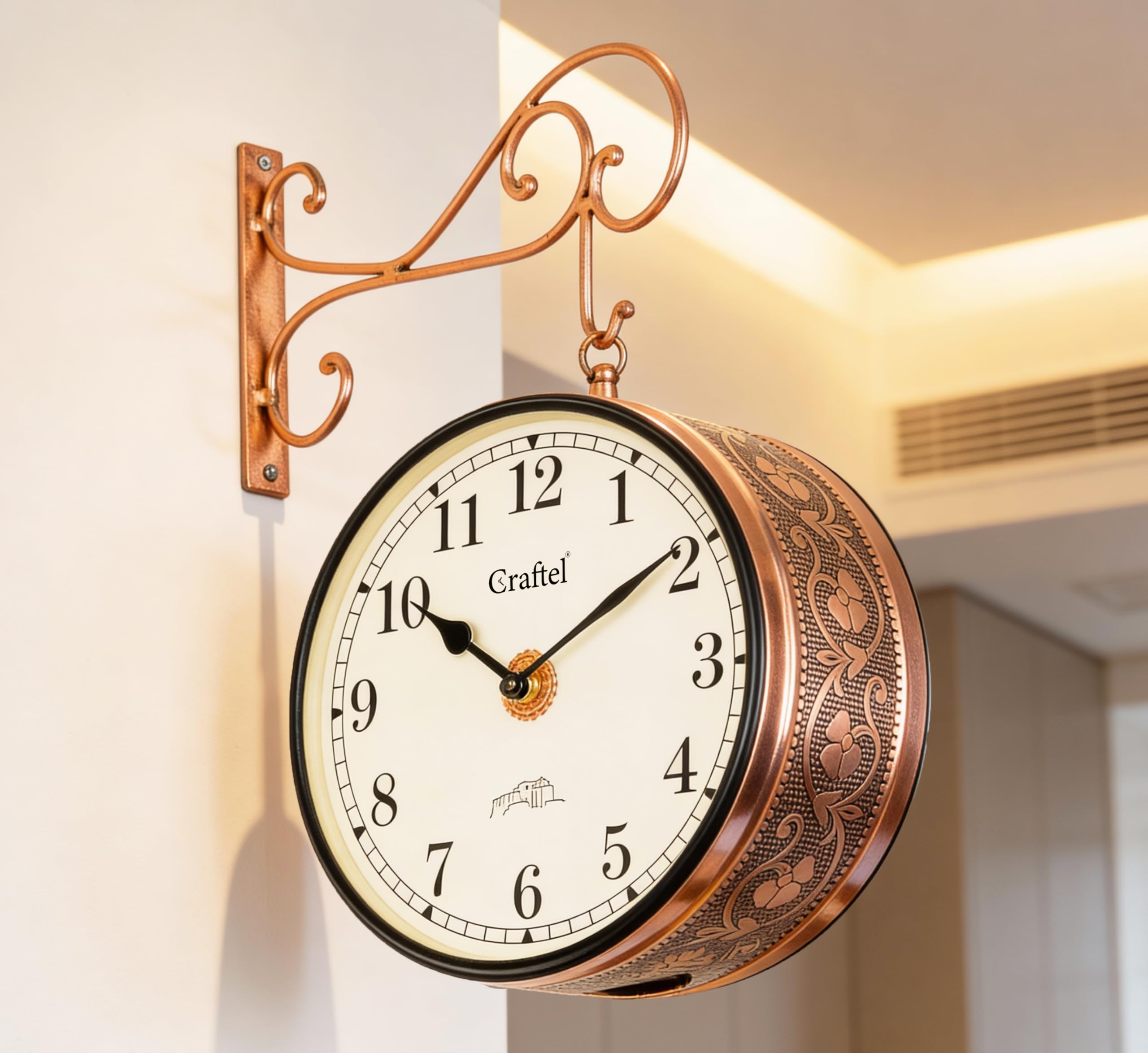CRAFTEL Classic English Dial Double Sided Station Wall Clock | English & Roman Numerals | Electroplated | Aluminum Matte Dial Brass Body | Dial - 10 Inches, Rose Gold | 365 Days Warranty