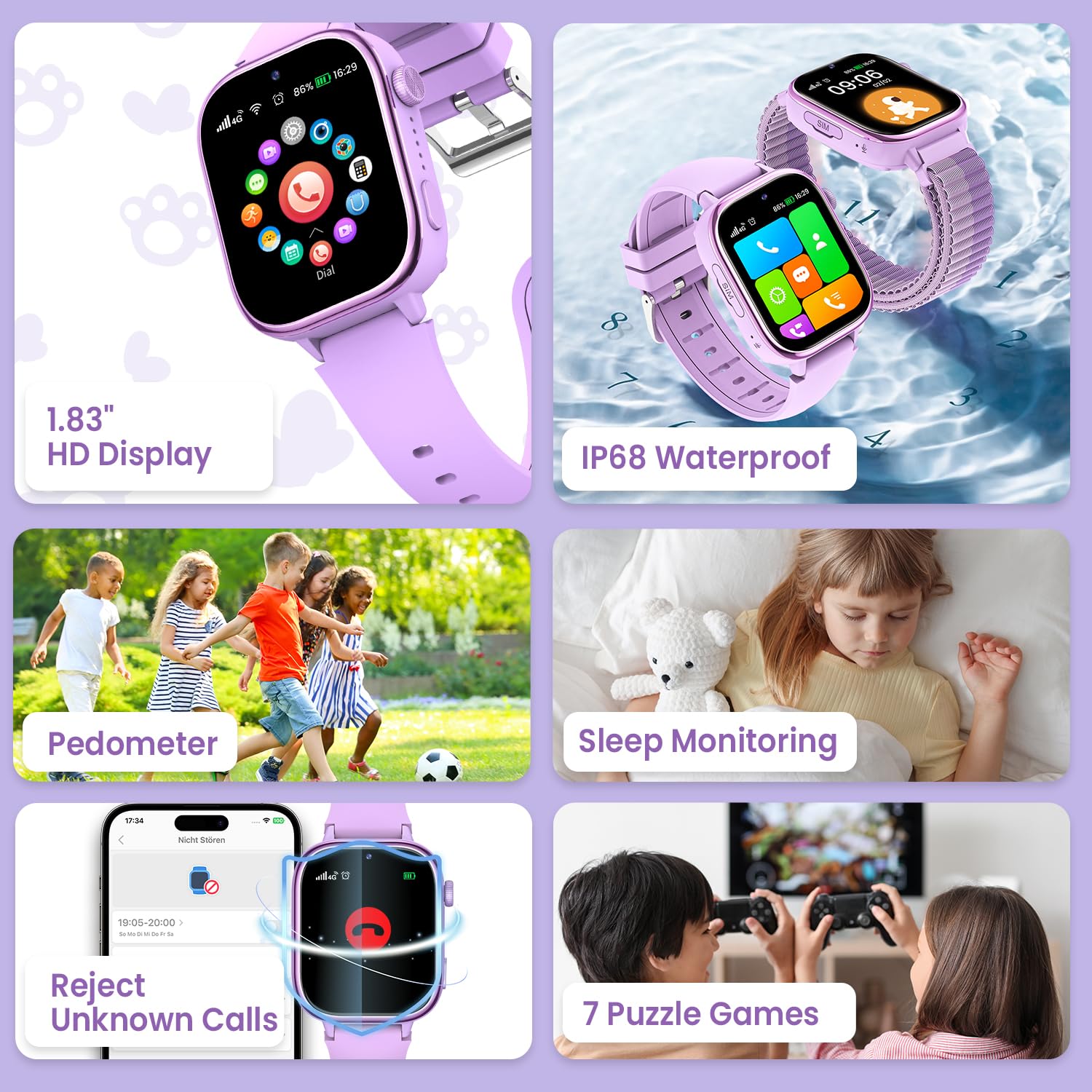 RUXINGX 4G Smartwatch Bambini, IP68 Impermeabile Smartwatch con GPS, SOS, Telefono, HD Videochiamata, Chat Vocale, modalità Lezione, Sveglia, Sonno, Orologio Bambini per Ragazze e Ragazzi, Viola