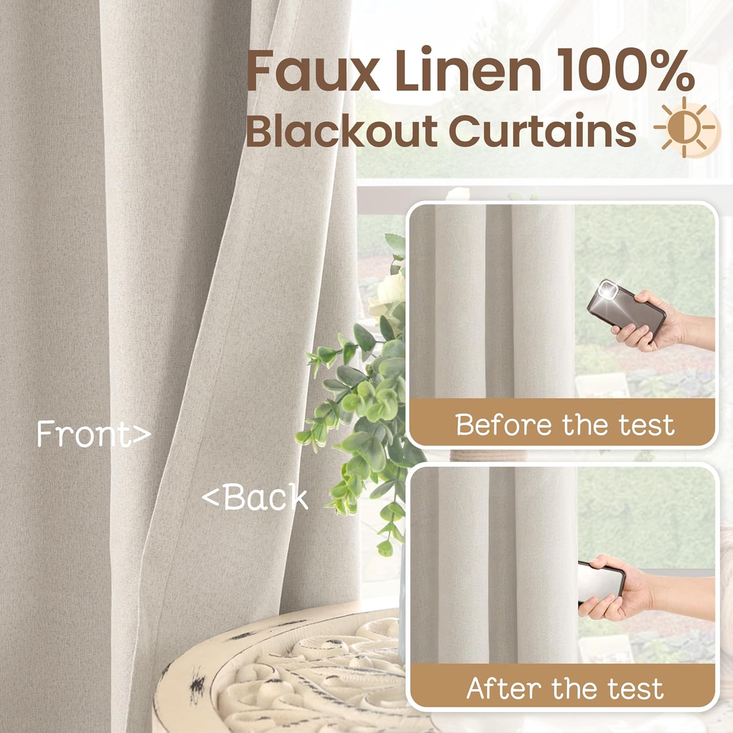 BGment Light Beige Blackout Curtains for Living Room 96 Inch Long - Linen Textured Thermal Insulated Total Sun Blocking Bronze Grommet Window Drapes for Farmhouse, 2 Panels, 52 x 96 Inch