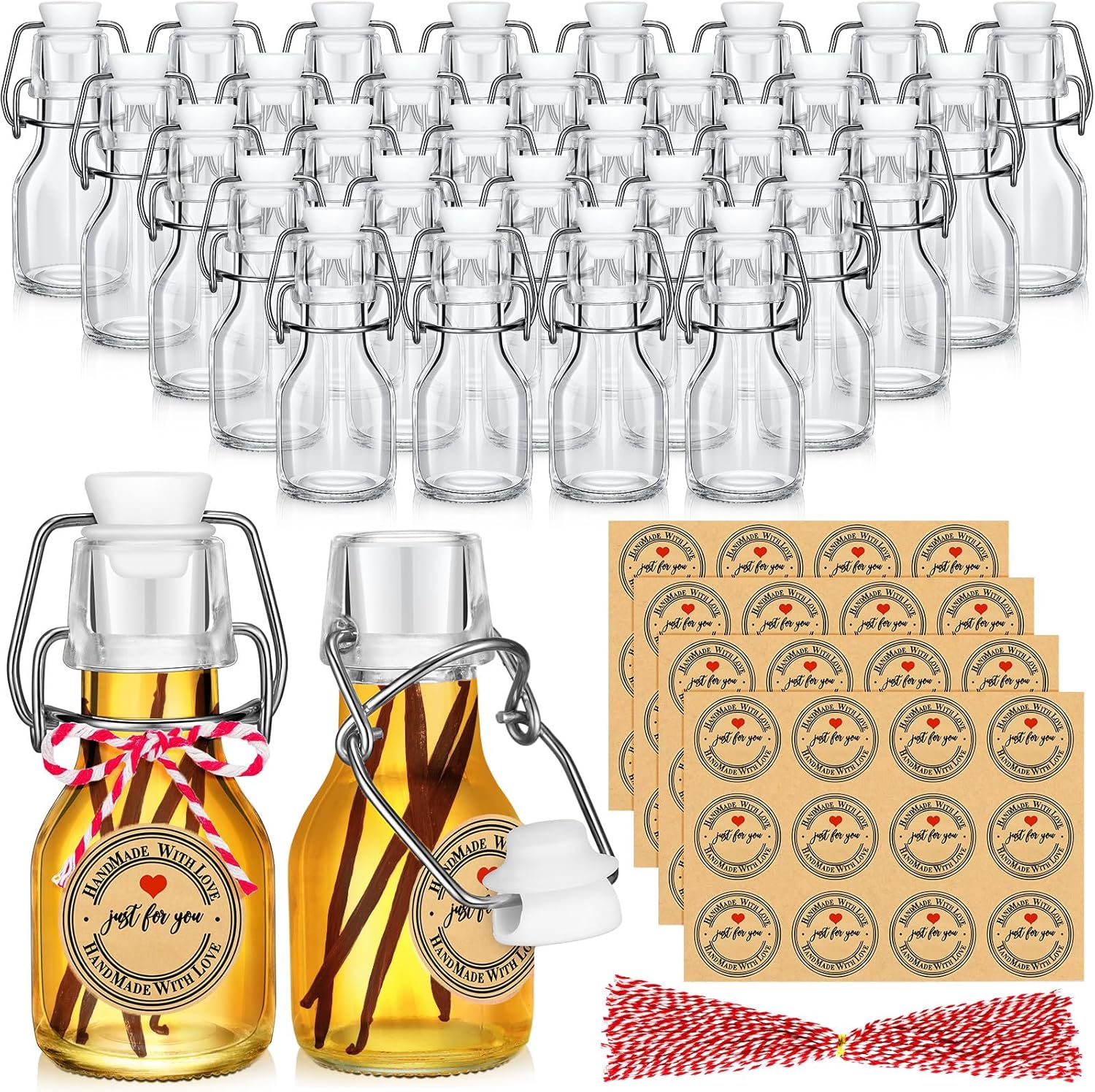 48 Pcs Mini Flip Top Glass Bottle Flip Top Vanilla Extract Bottles with Caps Homemade Printed Stickers for Holiday DIY Crafts Oil Party Favor Decoration(2 oz)