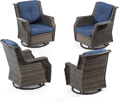 Patio Swivel Glider Chairs Set of 4 - Outdoor Swivel Rocker Patio Chair Set of 4 with Water-Repellent Cationic Layer Fabric Cushions IncludedMixed Grey/Blue