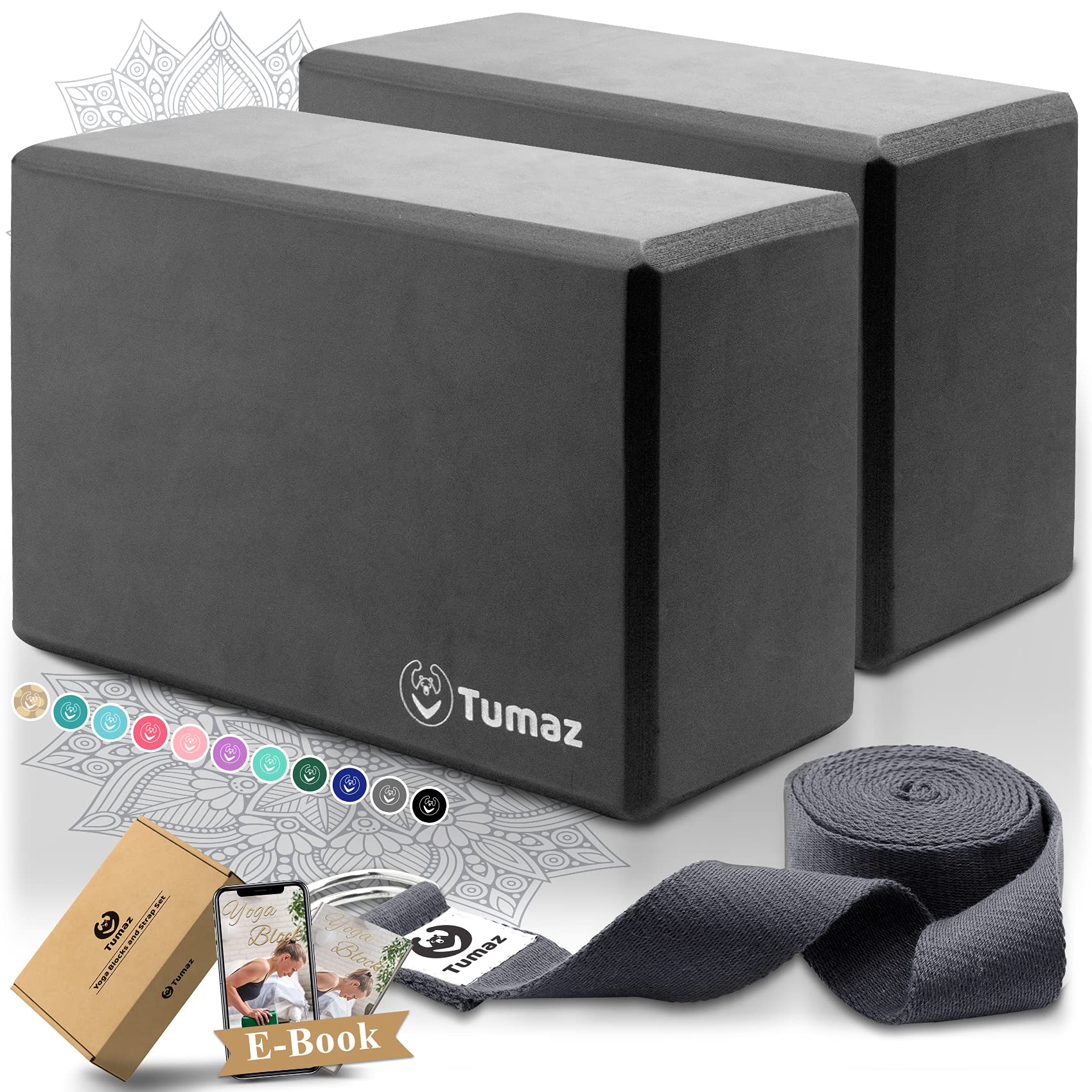Tumaz Yoga Blocks 2 Pack with Strap Set, High Density/Light Weight EVA Foam Blocks & Premium 8 Feet Yoga Strap Combo [Instruction EBook Included] The Must-Have Set for Every Yogi and Yogini