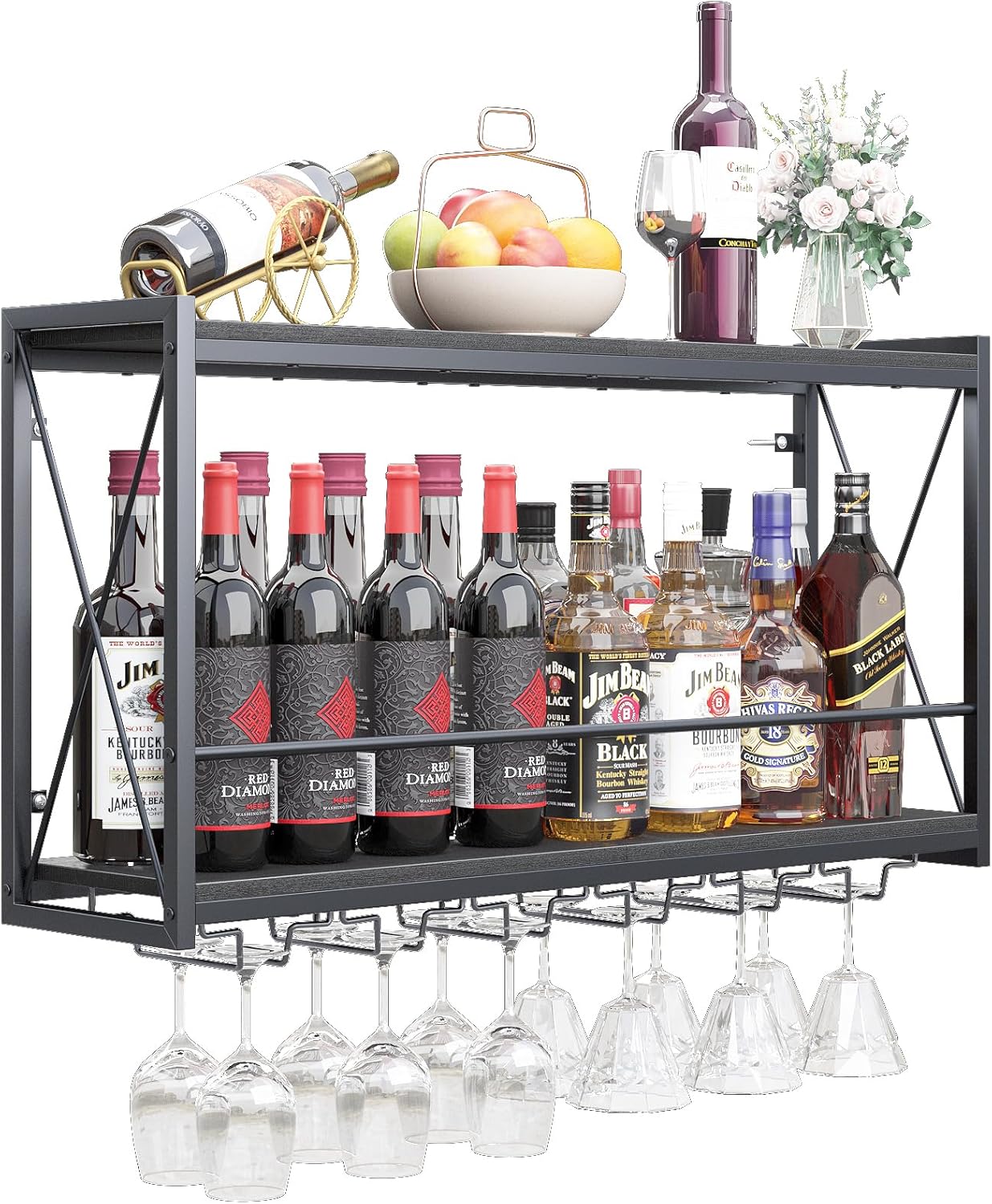 Dokser Wine Rack Wall Mounted Shelf - 2 Tier, Rustic Wood & Industrial Iron Frame Wine Bottle Holder for Kitchen, Dining Room, Home Bar Decor (Black) Long Black