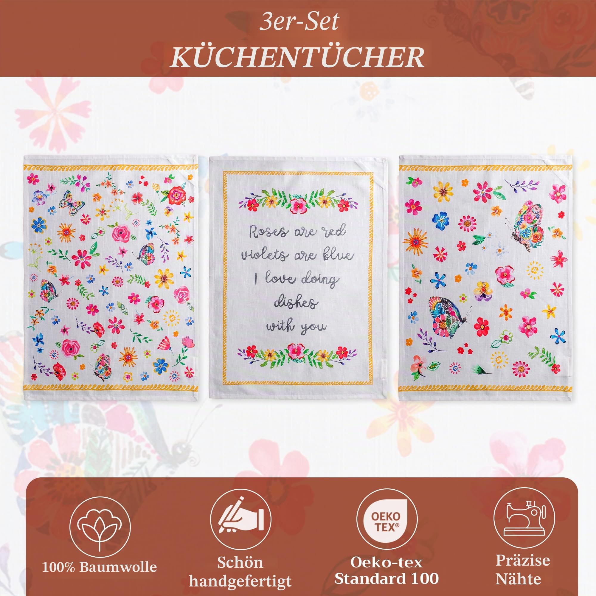 Maison d'Hermine Happy Florals- 2 Sweety 100% Baumwolle Set von 3 Multi-Purpose Küchenhandtuch weiche absorbierende Geschirrtücher | Bar Handtücher | Frühling/Sommer (50 cm X 70 cm)