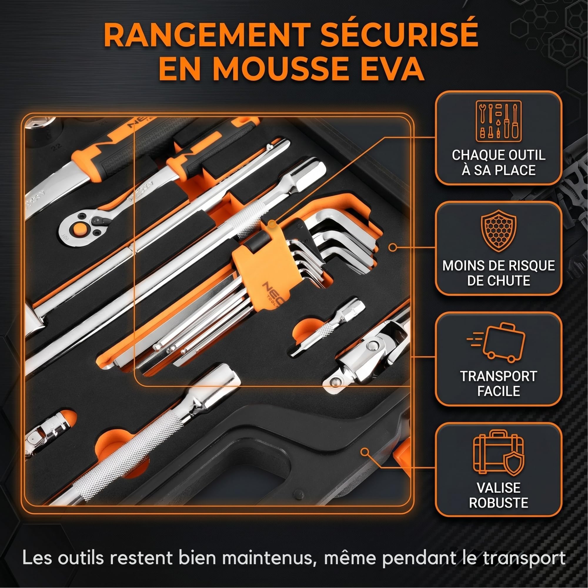 NEO TOOLS Valise à outils 95 pièces – Coffret de douilles professionnel avec cliquets 90T, jeu de clés mixtes, insert en mousse EVA, coffret de cliquets pour automobile et atelier, kit complet