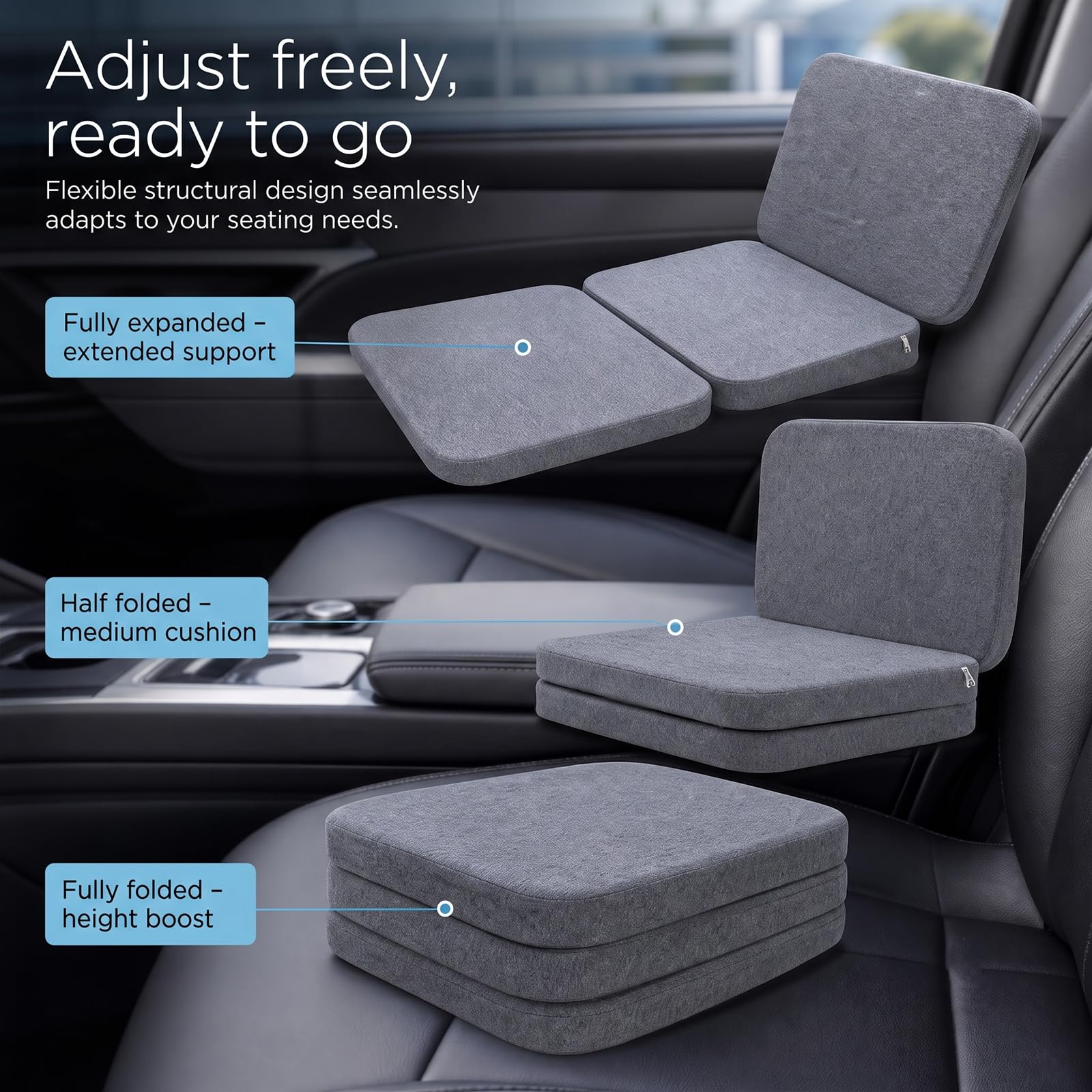 LOMUG Asiento elevador de coche para adultos, 3 alturas ajustables en altura, asiento para pequeños conductores, asiento ergonómico con cojín cómodo, respaldo y funda antideslizante