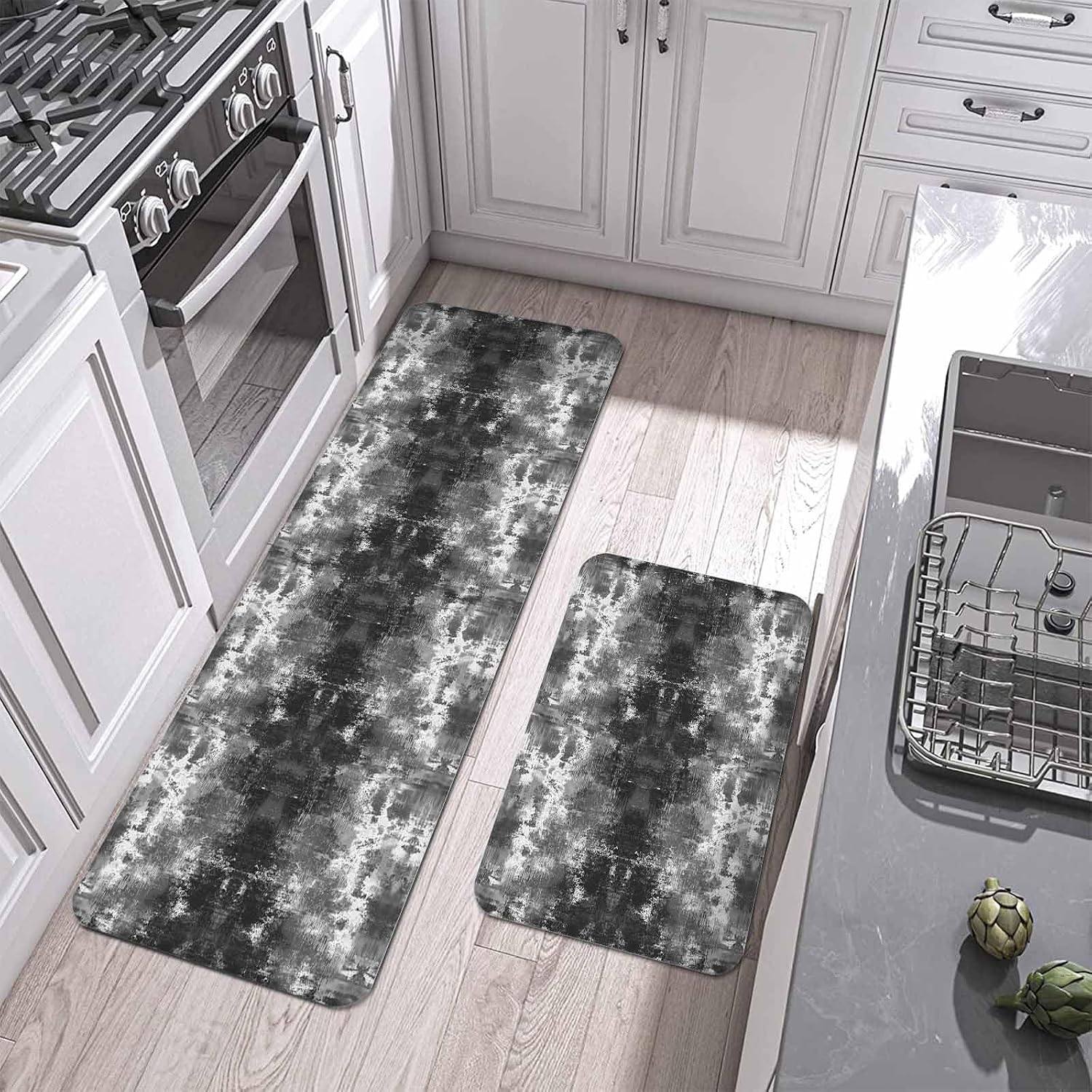 Vintage Gray Ocean Kitchen Mat Set 2 Pieces Country Nautical Coastal Sea Starfish Shell Coral Non Slip Kitchen Rugs Washable Runner Rug Mats for Sink Laundry (15.7" x 23.6"+15.7" x 47.2")