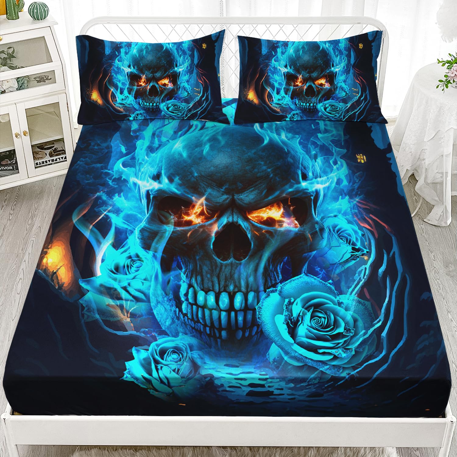 Ailonen Boys Skull Twin XL Fitted Sheet and 2 Pillowcases, Gothic Bedding Set with 3D Blue Fire Skull Pattern